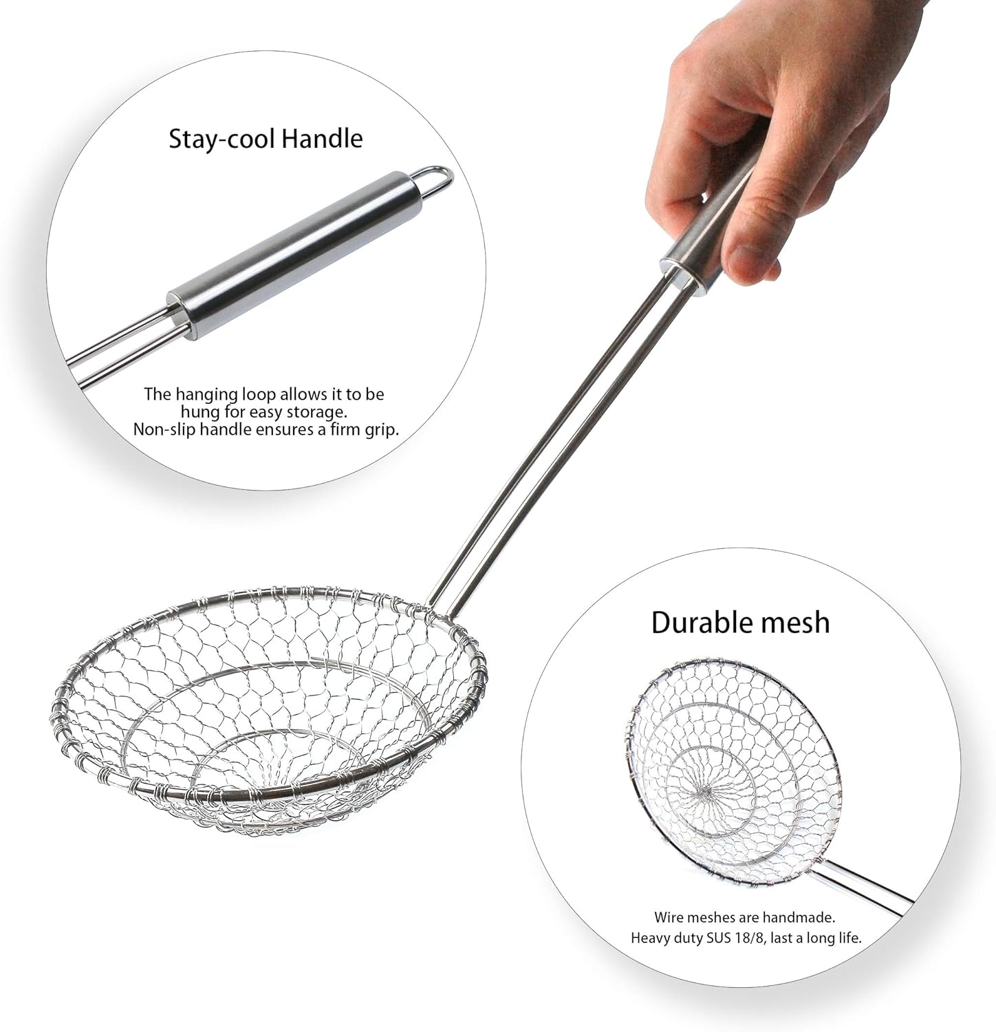 Colador de araña de acero inoxidable, colador de malla de cocina asiática, colador de wok de alambre para cocina, cesta de skimmer de 7 pulgadas,