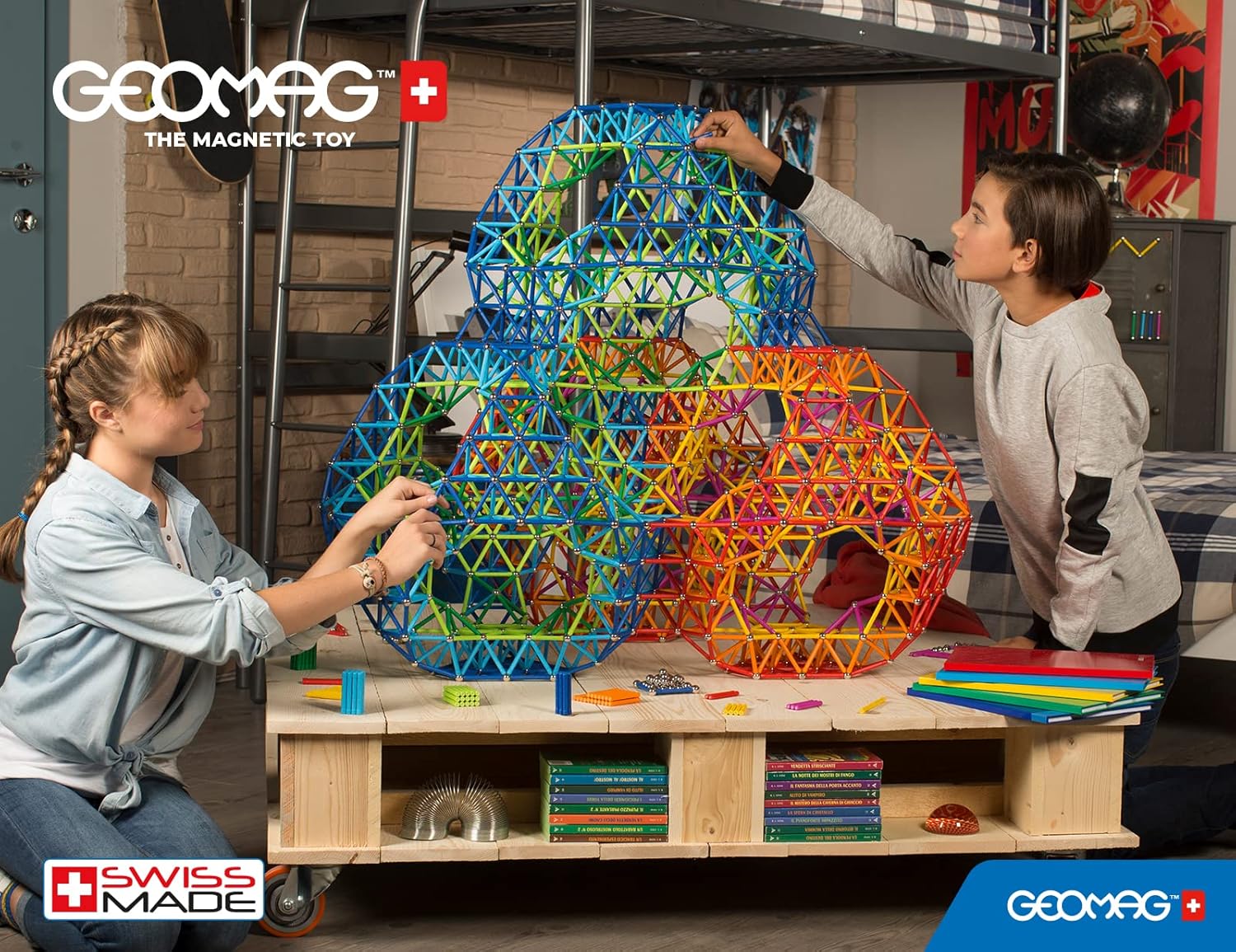 Geomag Juego de 248 varillas magnéticas hechas en Suiza (144 varillas y 104 esferas), construye estructuras mágicas 3D, castillos, cohetes, STEM,