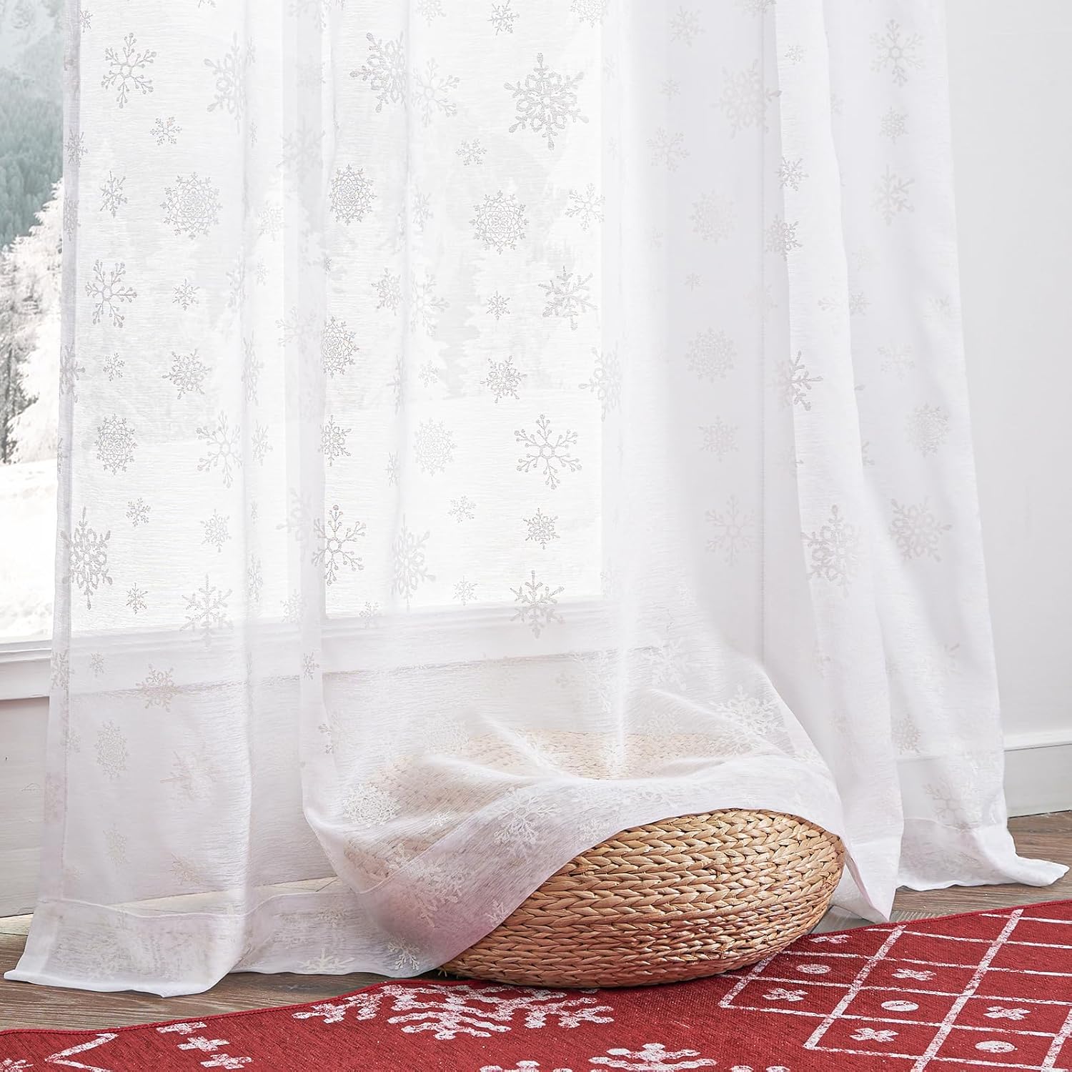 Vangao Cortinas traslúcidas blancas de Navidad para sala de estar, estampado de copos de nieve, 96 pulgadas de largo, para dormitorio, decoración de