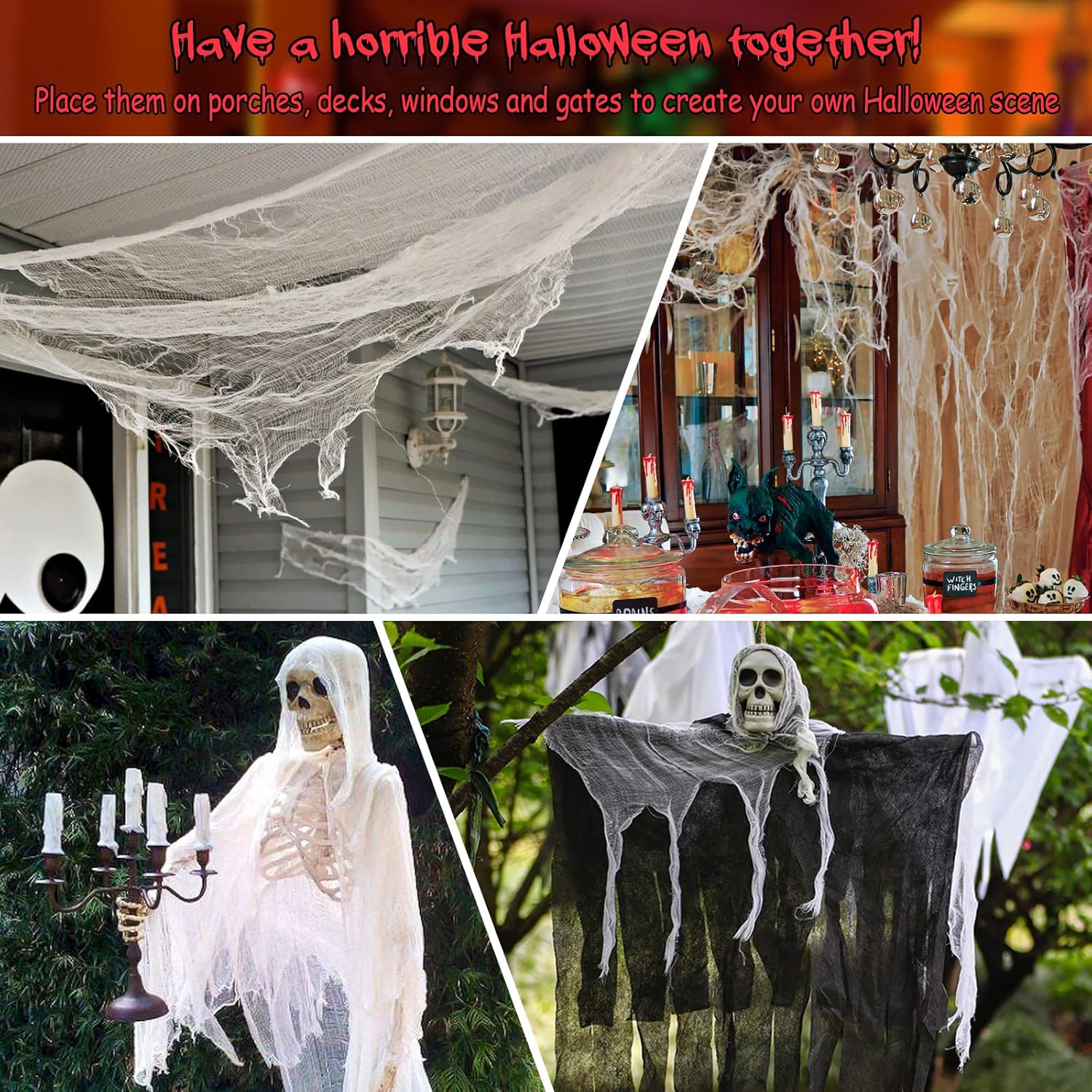 Legigo Paquete de 6 paños espeluznantes de Halloween (30 x 72 pulgadas), gasa espeluznante para fiesta de Halloween, suministros de fiesta de