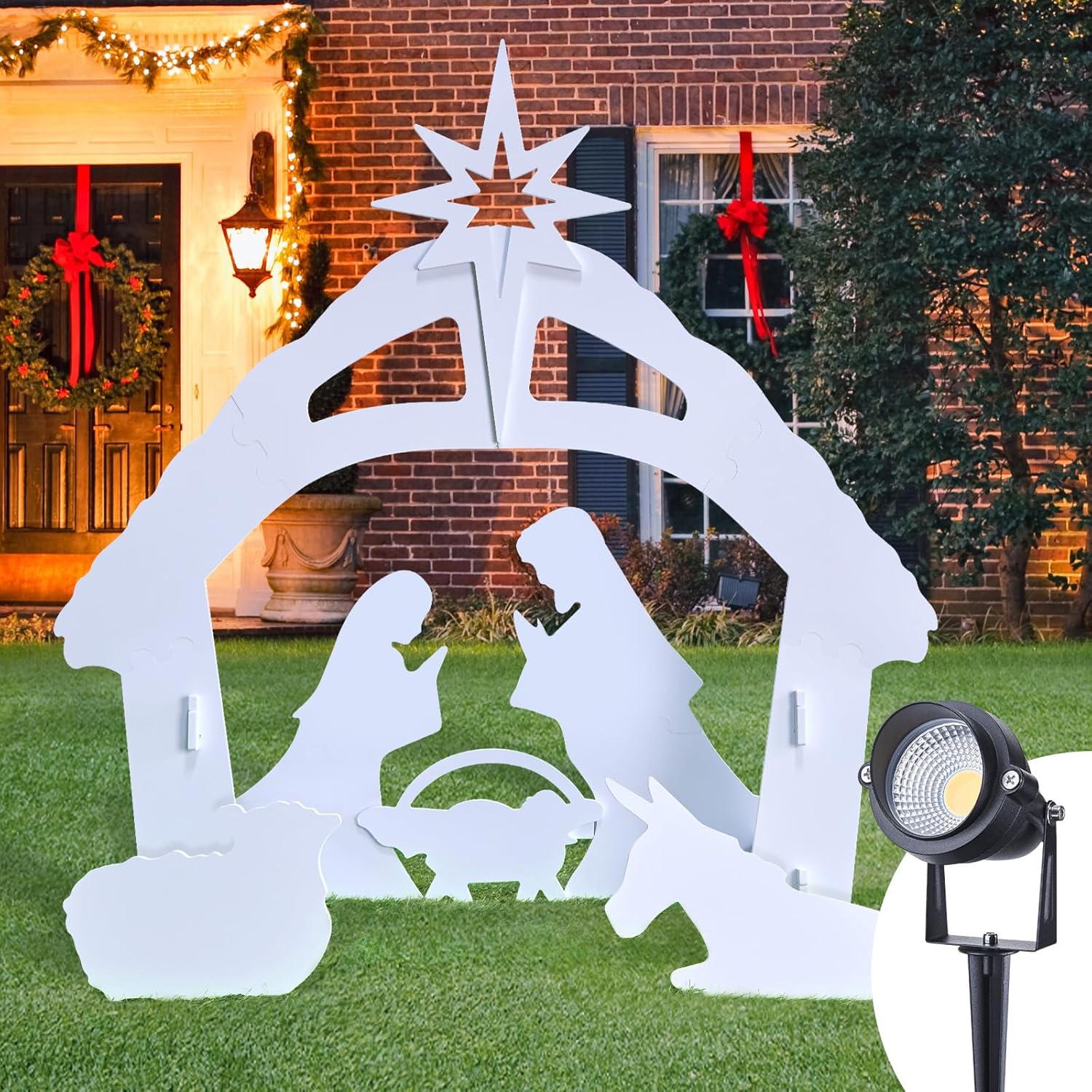 Belén para exteriores  Grandes juegos de Belén de Navidad 3D con focos, decoración de 3.8 pies, decoración de la familia sagrada de 45 pulgadas para