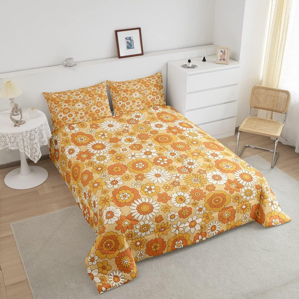 Erosebridal Juego de ropa de cama retro floral de los años 60 y 70, tamaño individual, color beige y blanco, edredón de plumón hippie colorido para