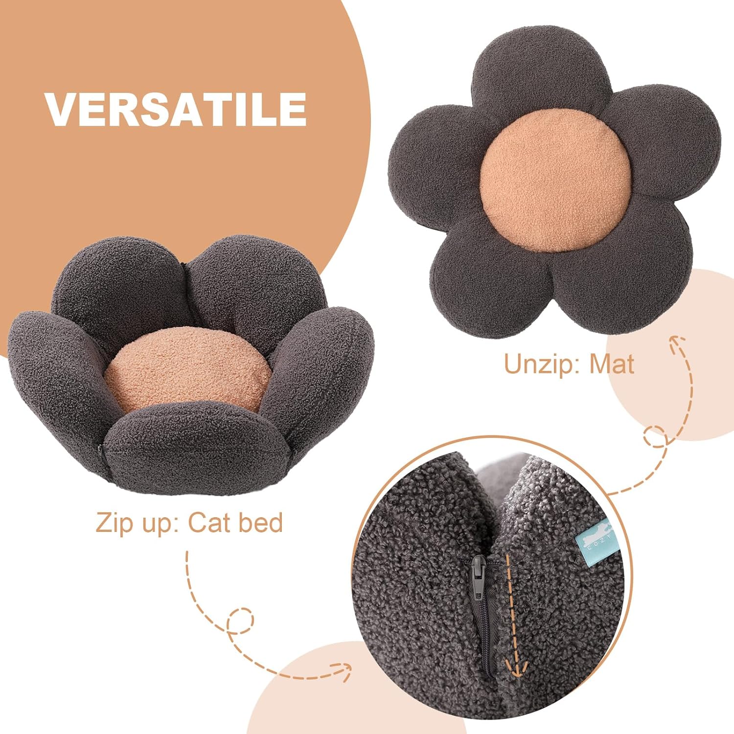 Cama de flores para gatos, alfombrilla redonda versátil 2 en 1 para mascotas en sherpa de peluche, bonita cama para perros pequeños, 23 x 23 x 8