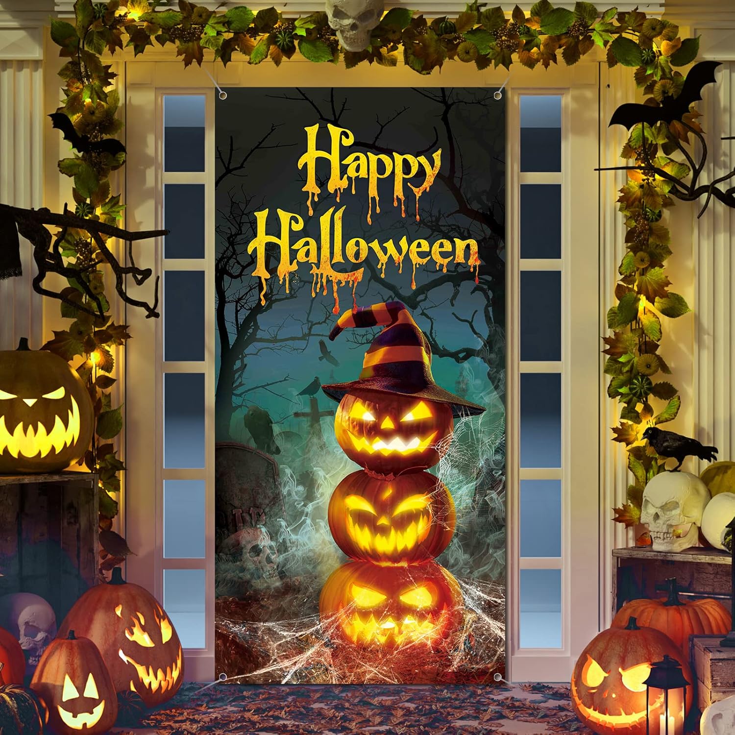 Cubierta de puerta de Halloween para decoración de puerta de Halloween, 70.9 x 35.4 in, tela grande, decoración de fiesta de Halloween, para puerta