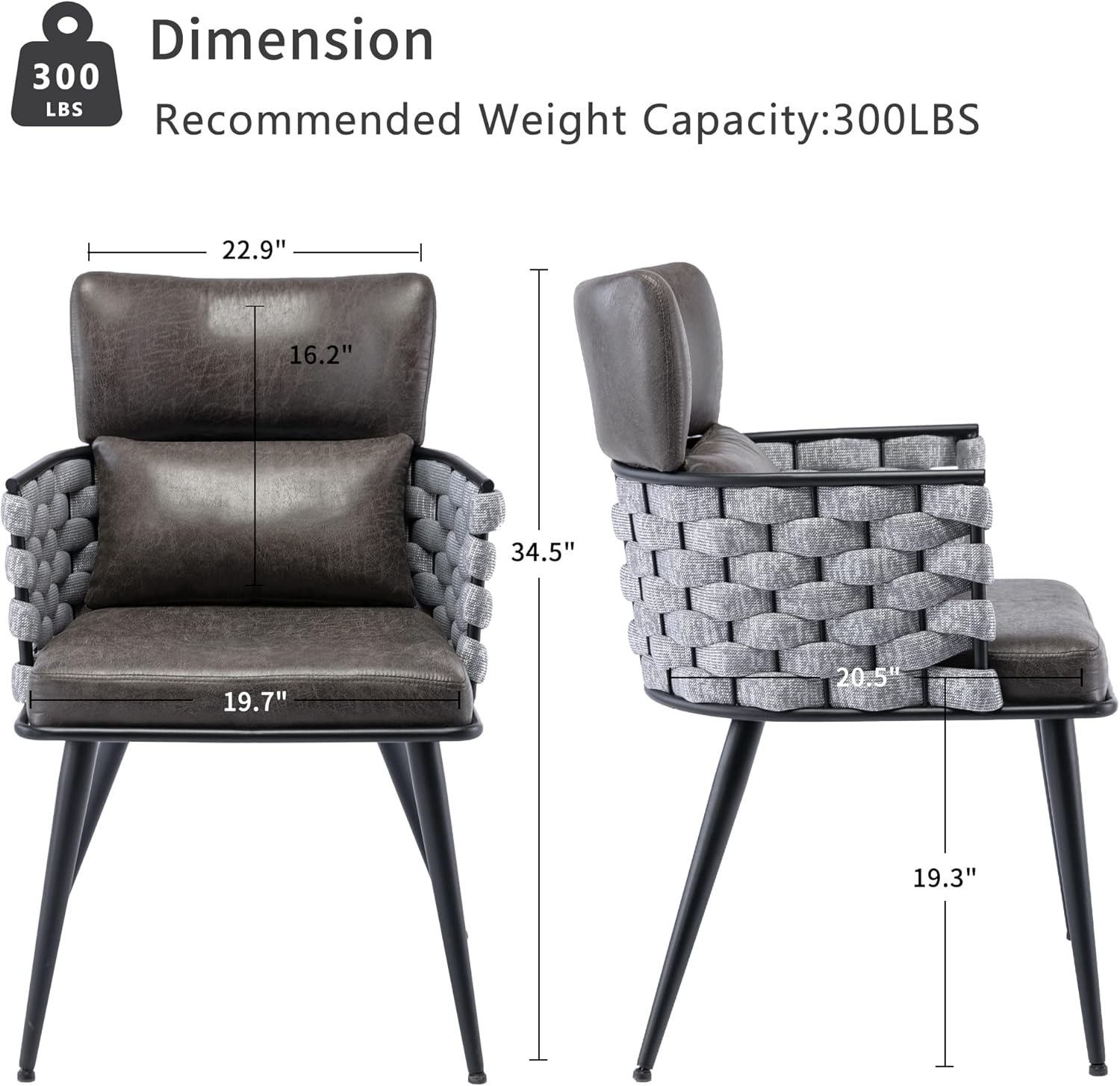 BFZ Juego de 2 sillas de comedor modernas de mediados de siglo con patas de metal, sillas de comedor tejidas de piel sintética para comedor, cocina,