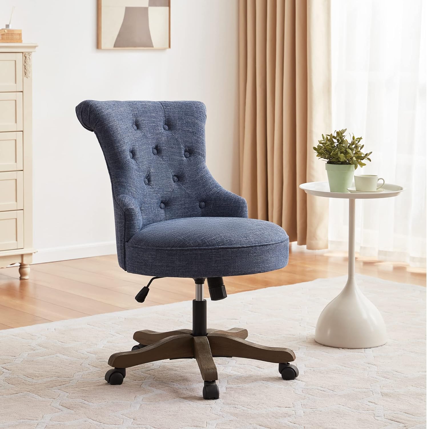 Home Office Chair Adjustable Height Swivel Chair with Wheels Linen Fabric Upholstered Computer Desk Chair with Wooden Legs Comfortable Armless Chair