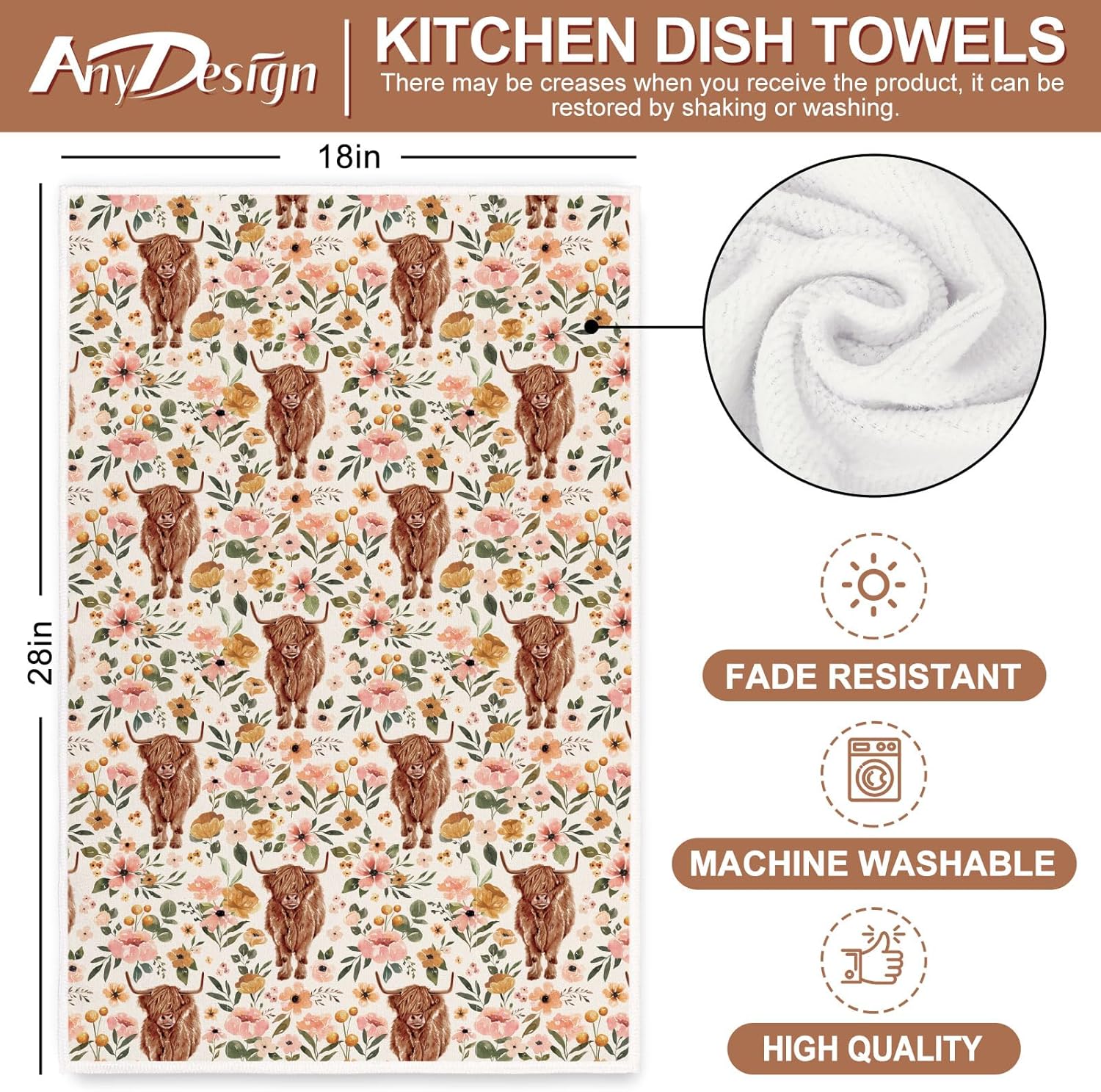 AnyDesign Toalla de cocina de vaca de las tierras altas con estampado floral bohemio de 18 x 28 pulgadas, paño de cocina de granja de acuarela para