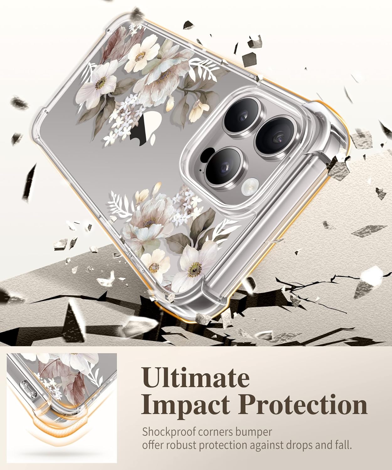 GVIEWIN Funda para iPhone 15 Pro floral, con protector de pantalla + protector de lente de cámara, no se pone amarillenta delgada y a prueba de
