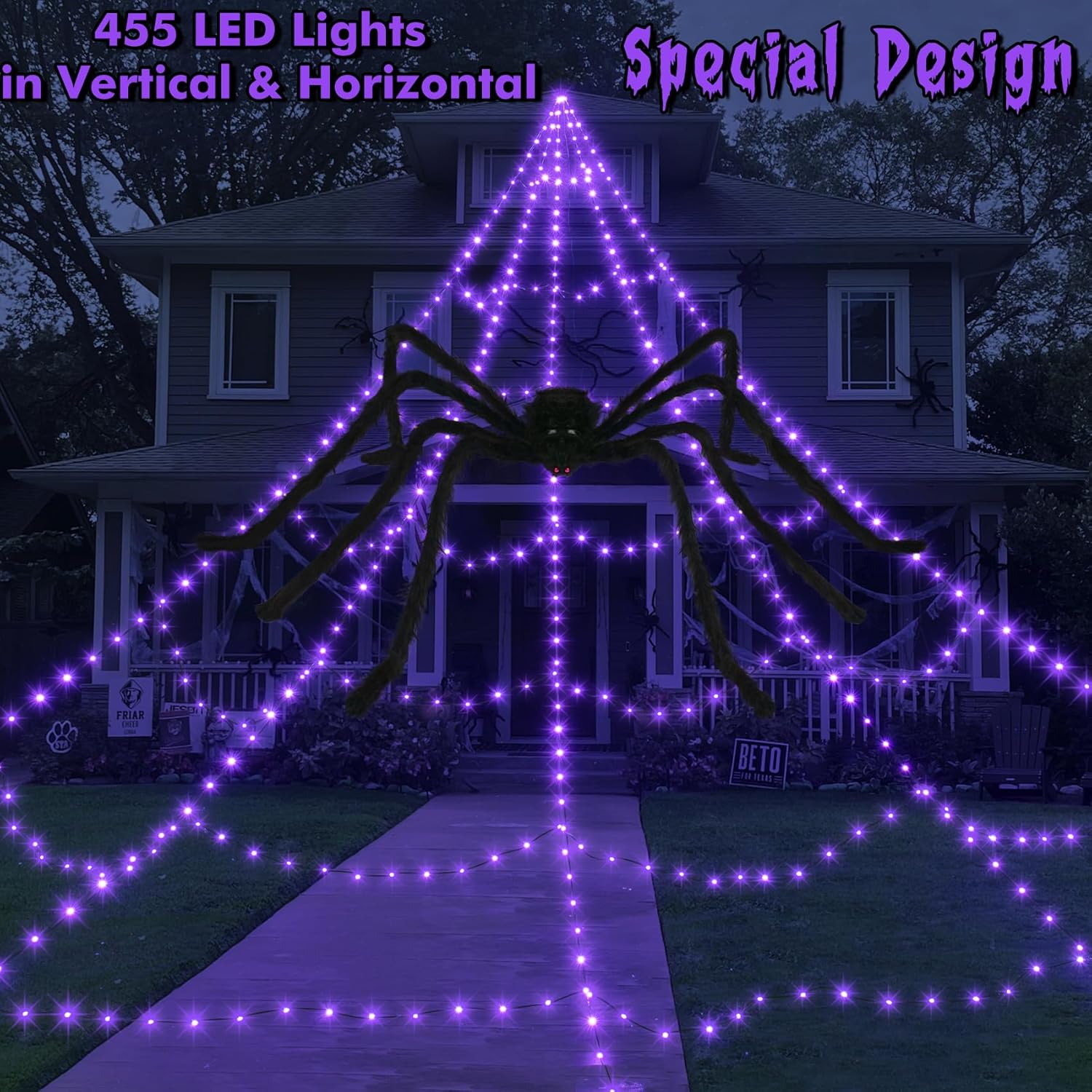 Dorizeg Telarañas para decoración de Halloween al aire libre, 455 luces LED con telaraña elástica grande de 59 pulgadas y 3.53 oz (100 g), 11 modos