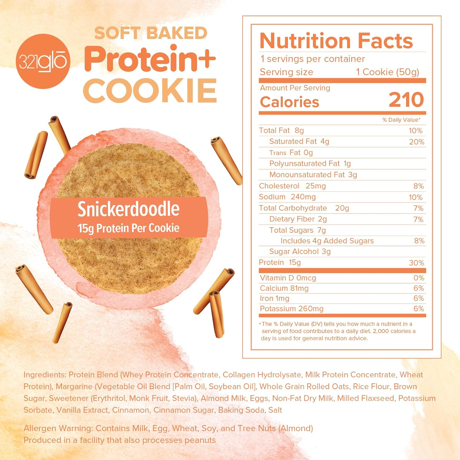 321glo Protein+ Cookies  Galletas horneadas suaves con colágeno de alto contenido en proteínas, 0.55 oz de proteína, aperitivo para hombres, mujeres