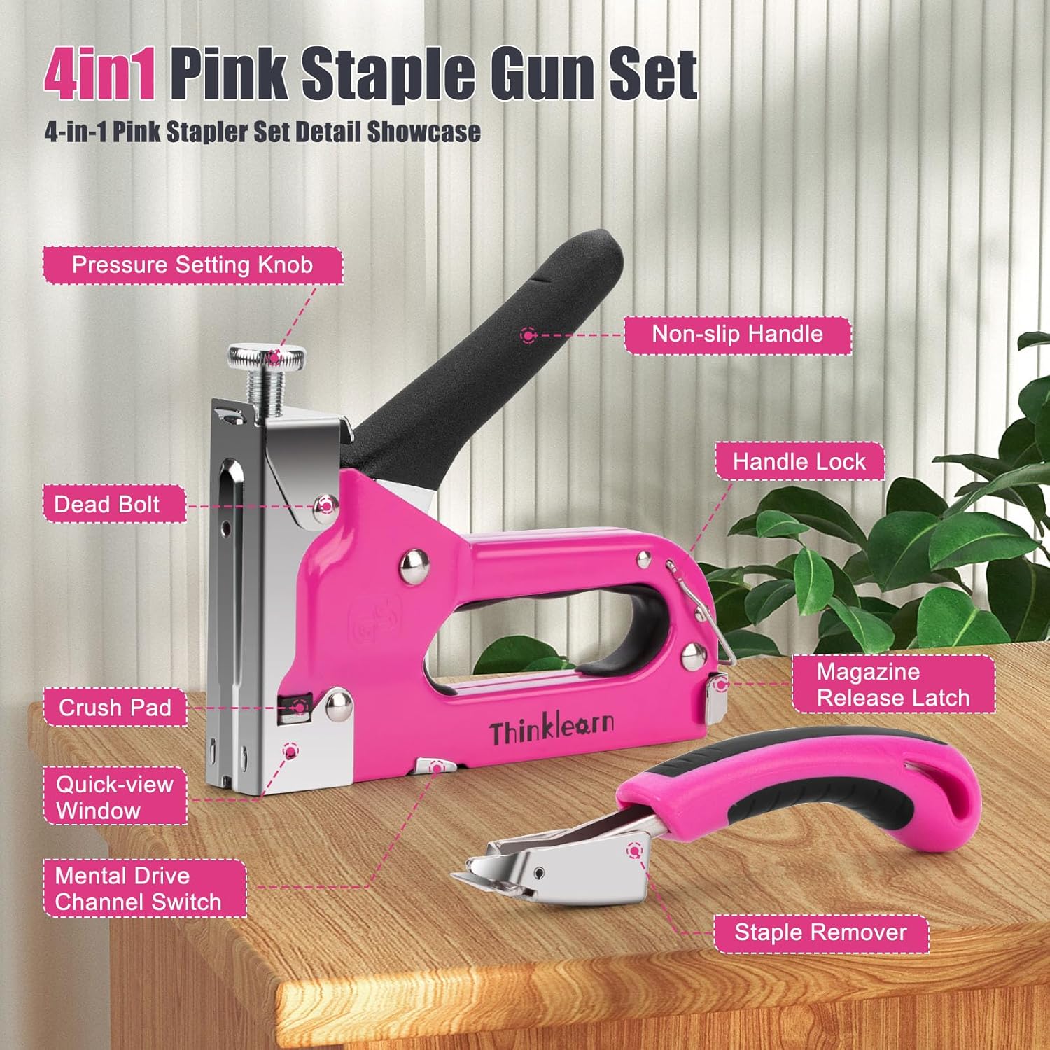 Juego de 37 herramientas de grapas, 4 en 1, pistola de grapas de tapicería rosa con 800 grapas, pistola de grapas resistente para madera,