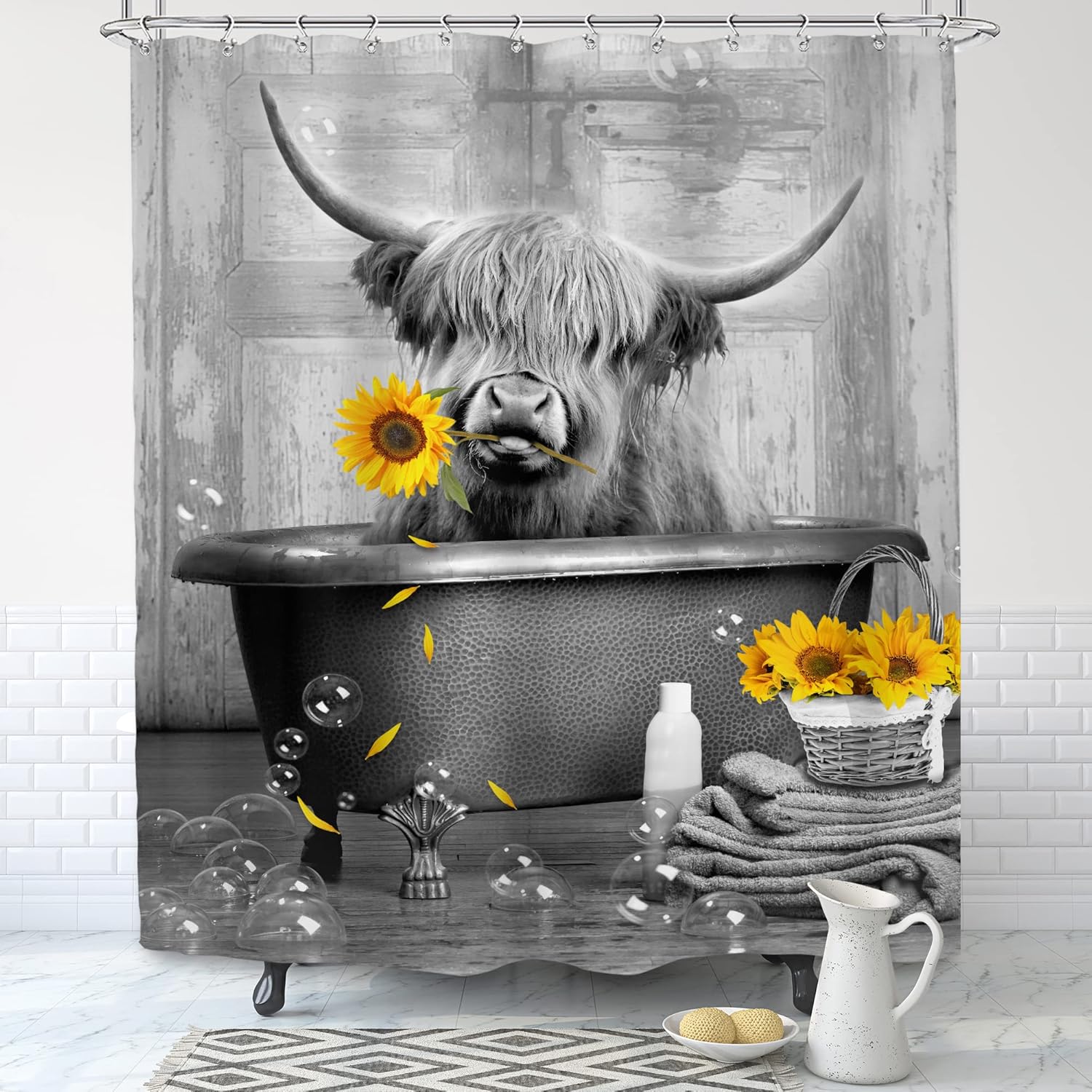 SVBright Divertida cortina de ducha de vaca de las tierras altas, 60 pulgadas de ancho x 72 pulgadas de largo, rústico, granja, girasol, ganado,