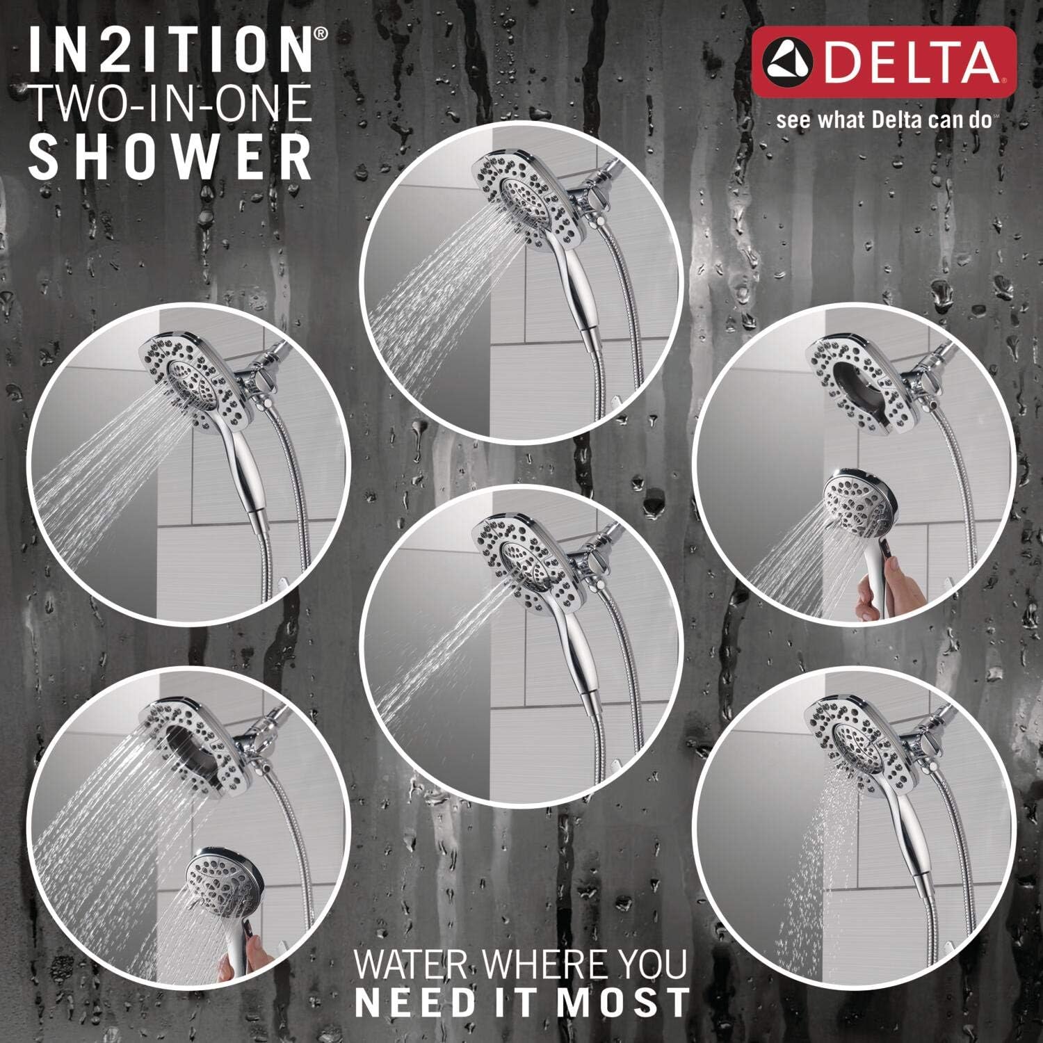 Delta Faucet Ashlyn serie 17 – Kit de ducha de 2 funciones con 2 vueltas, 2 en 1, cabezal de ducha de mano con manguera, T17264-I