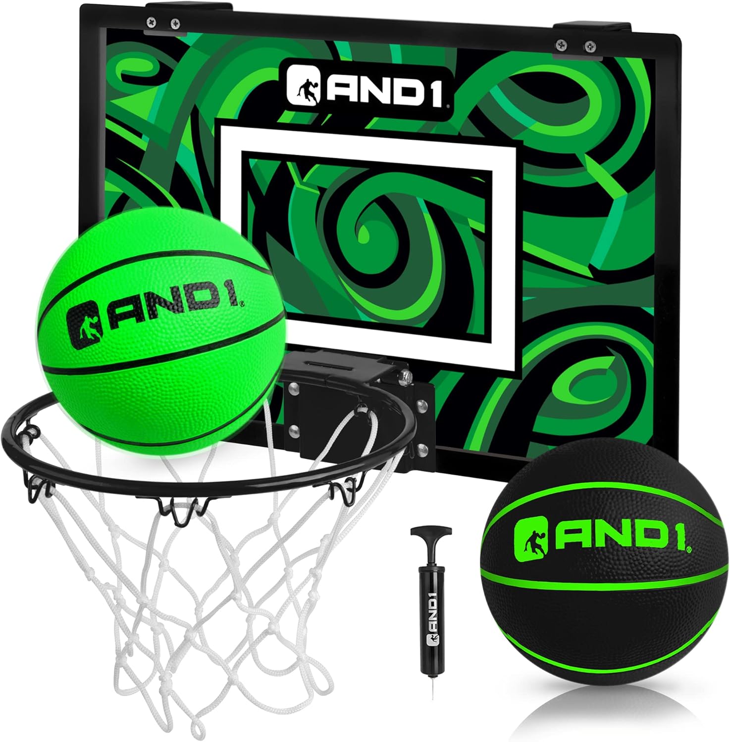 AND1 – Mini canasta de baloncesto para colocar sobre la puerta, portátil, premontada, con borde flexible, 18 x 12pulgadas, incluye 2 mini pelotas de