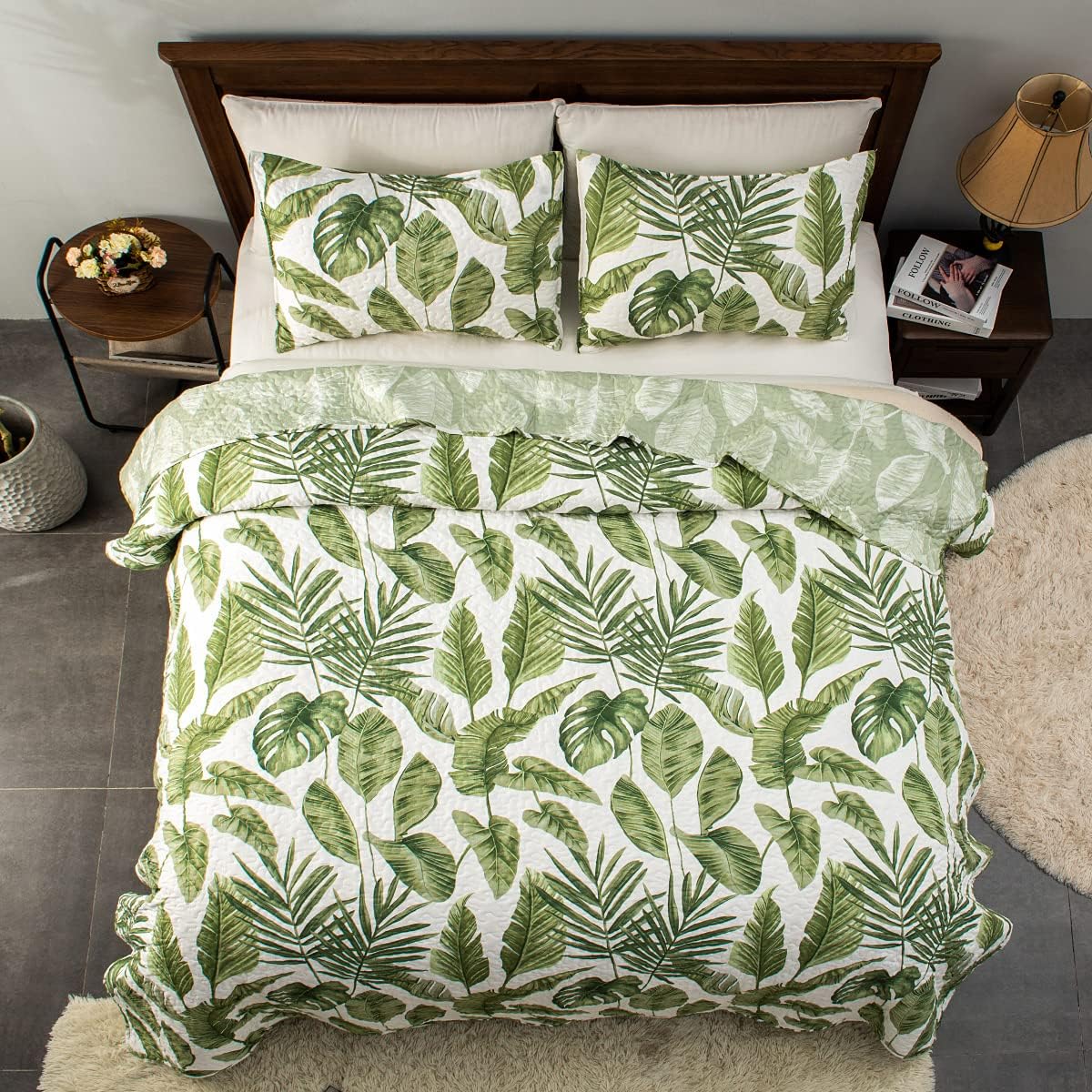 HORIMOTE HOME Juego de edredón de plantas tropicales de 2 piezas, tamaño individual, hojas de palma verde, estilo selva, juego de ropa de cama