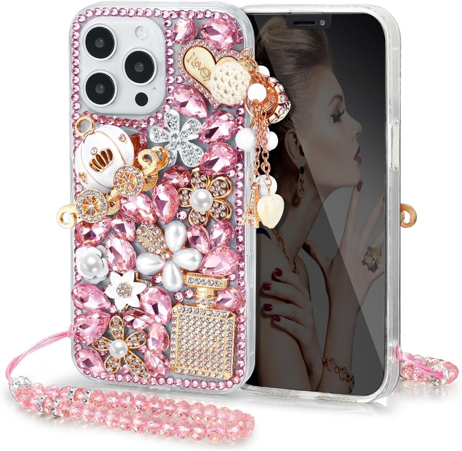Threesee Funda para iPhone 15 Plus, con diamantes de imitación de lujo, para mujeres y niñas, niños, con colgante de calabaza para iPhone 15 Plus de