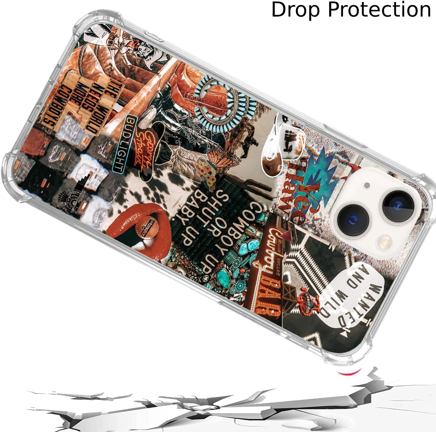 GialCenik Funda de collage de vaquera occidental para iPhone 15 Plus, funda de TPU con diseño único y moderno de poliuretano termoplástico