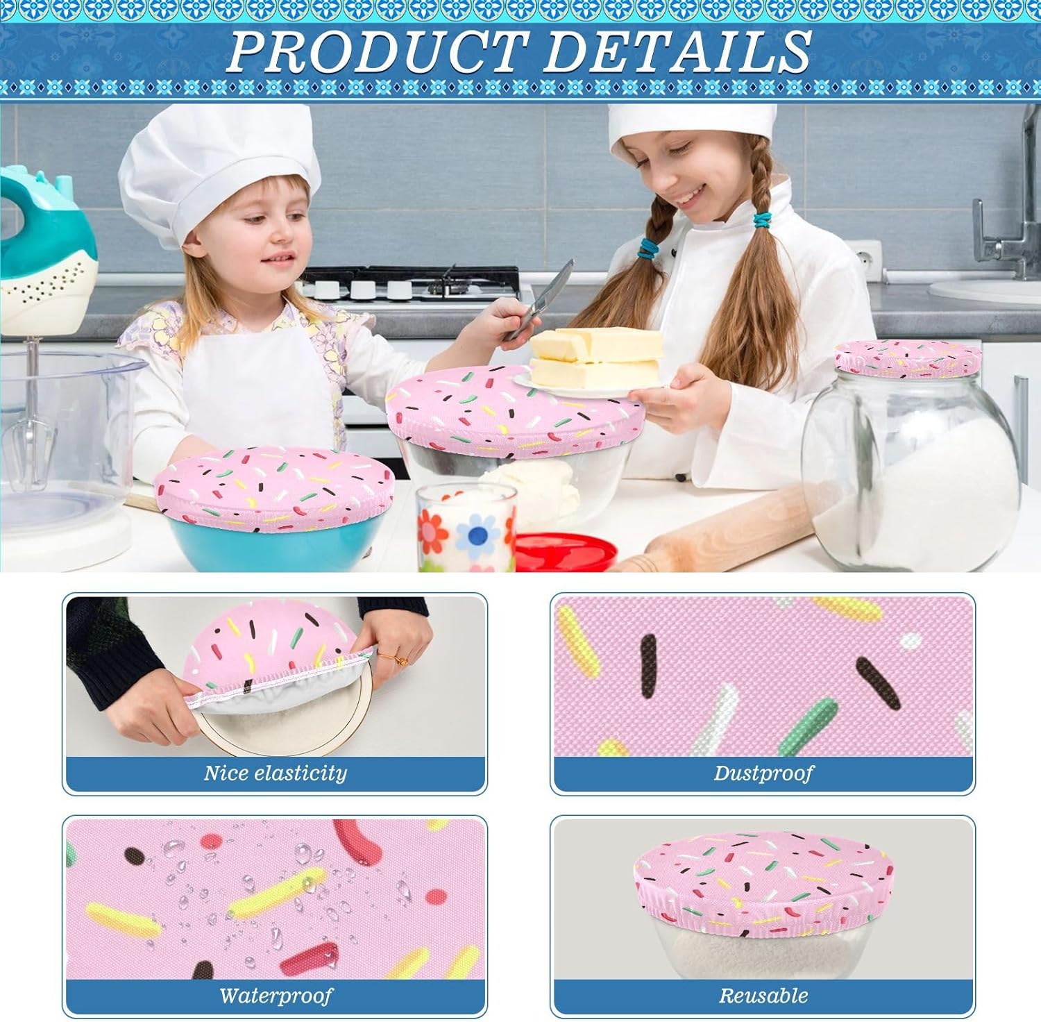 Pink Candy 5PCS Reusable Elastic Bowl Covers for Food Storage Stretch Cloth Fabric Lids with 5 Different Sizes Heat Resistant Food Lids for Fruits