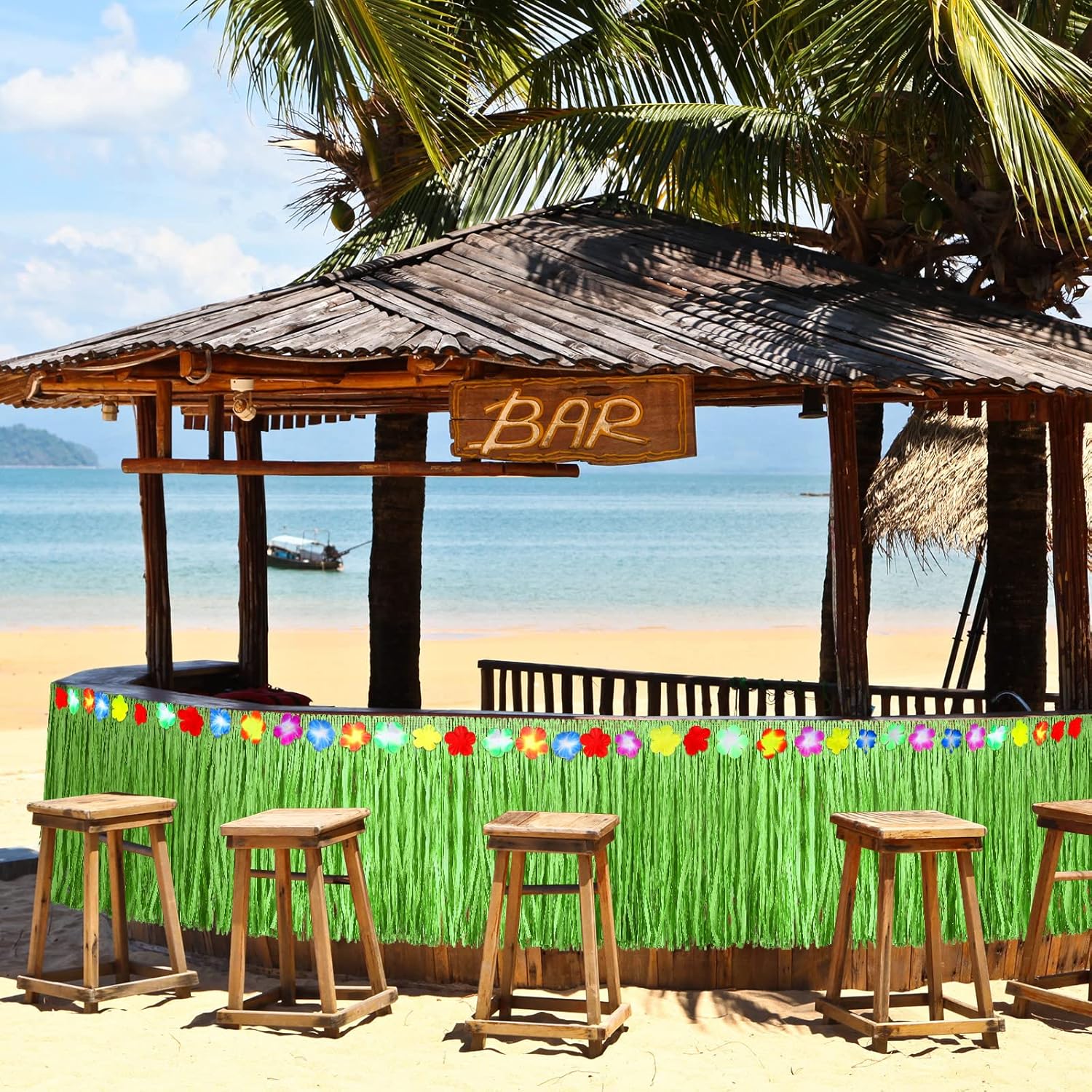 Falda de mesa de rafia hawaiana Luau con flores de hibisco, 108 x 30 pulgadas, decoración de mesa de bar Tiki para verano, playa, fiesta de