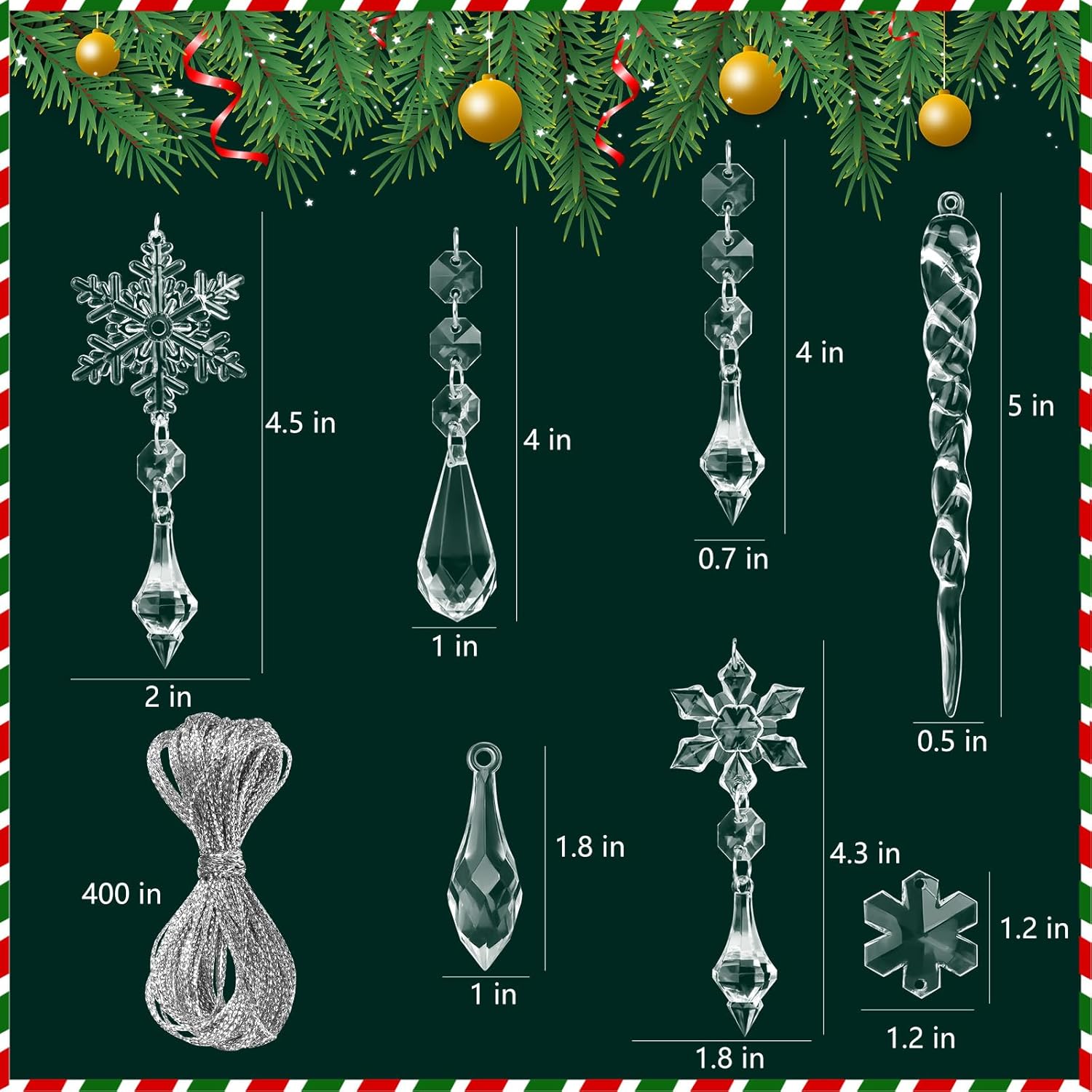 28 adornos de cristal para decoración de árbol de Navidad, juego de adornos colgantes de copo de nieve de Navidad, carámbano acrílico con línea de