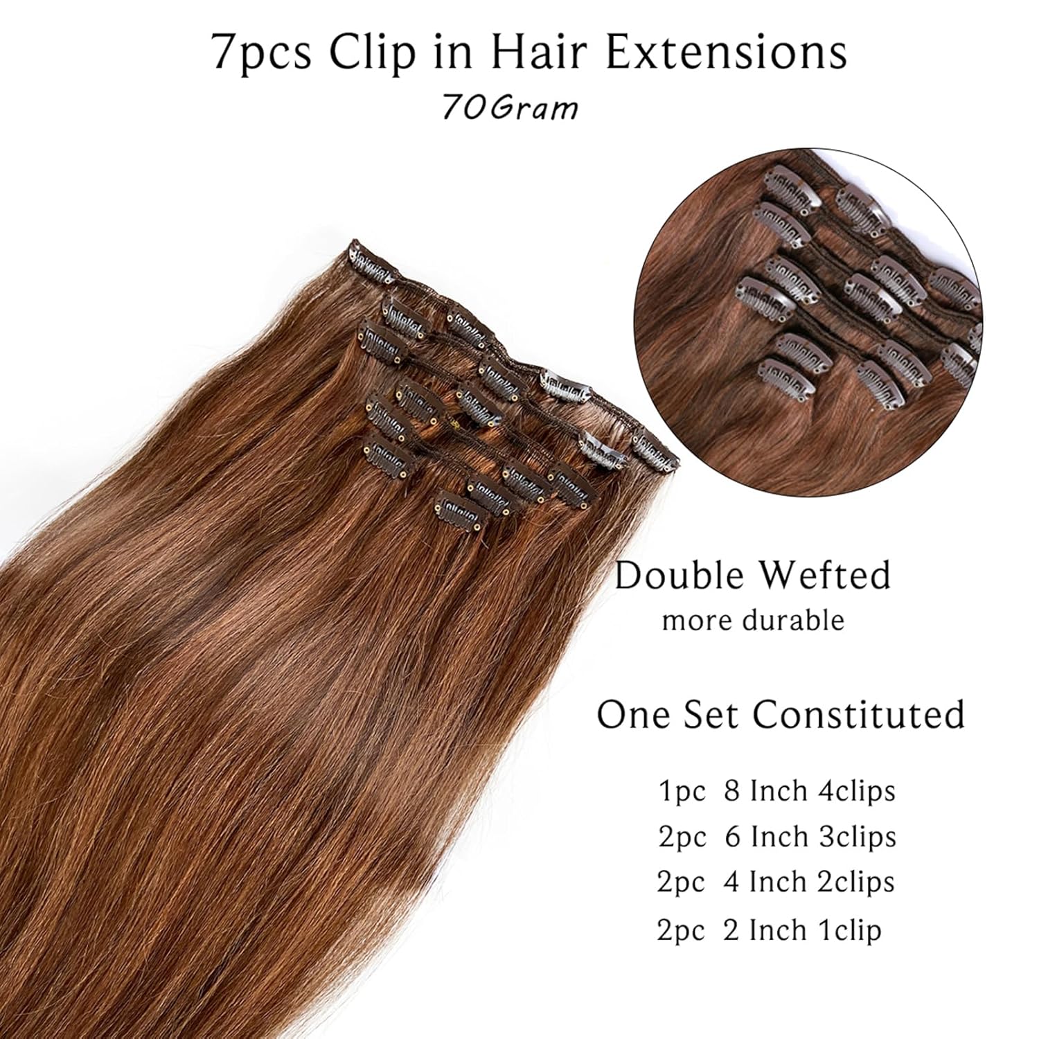 Extensiones de cabello humano con clip, 7 piezas, 2.4onzas, 15, 18, 20, 22 pulgadas, sedoso y liso, con tramas, sin costuras, para extensiones de