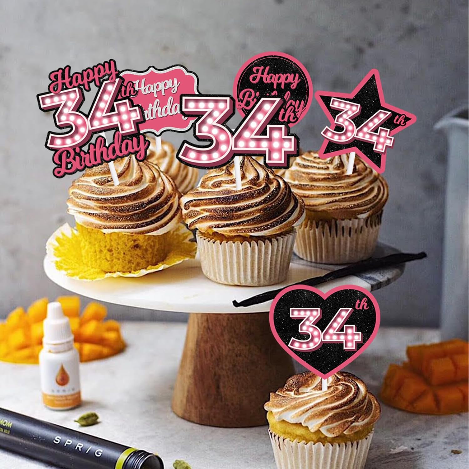 18 piezas de cupcakes de postre con purpurina rosa con 34 letras Let’s Glow Crazy Party Theme Party Suministros de decoración para niñas y damas,