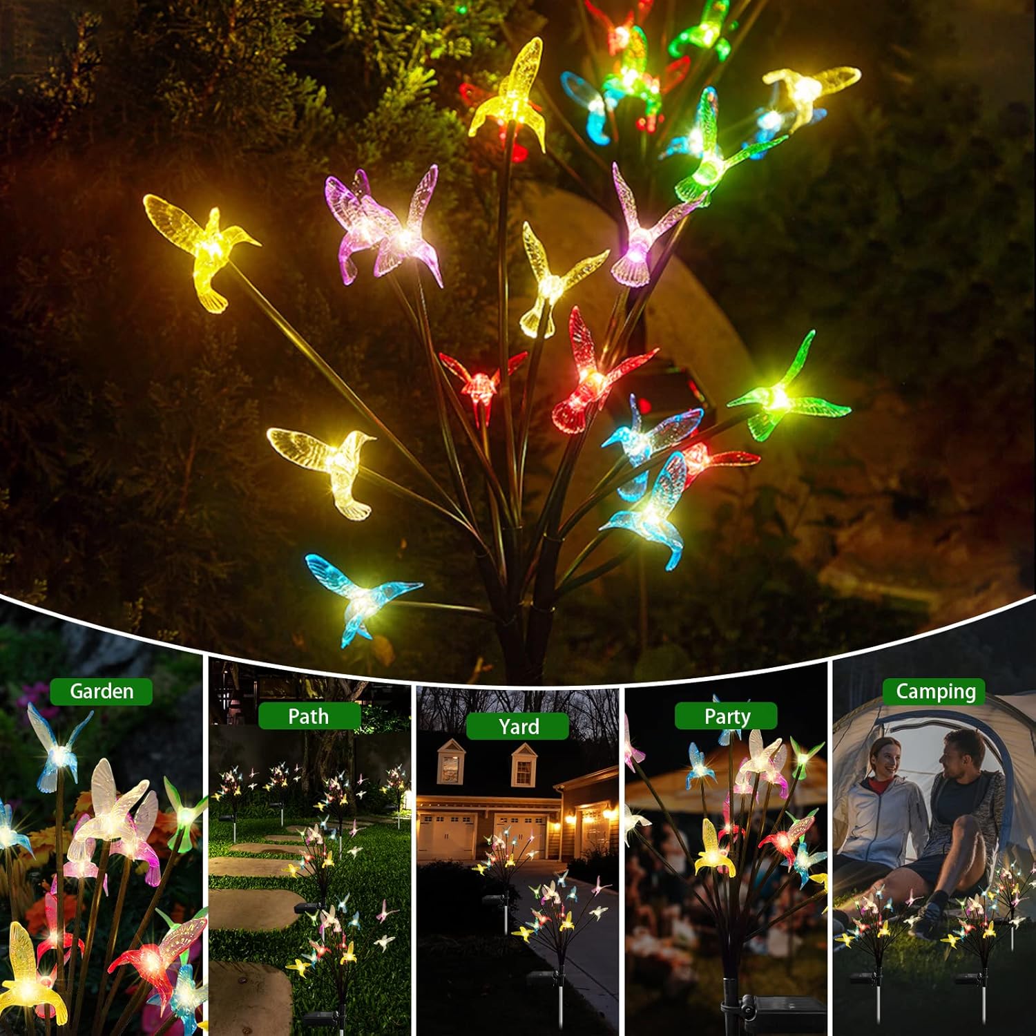 Luces solares de jardín, 7 luces solares de colibrí que cambian de color, luces solares de jardín exterior, luces solares para exteriores,