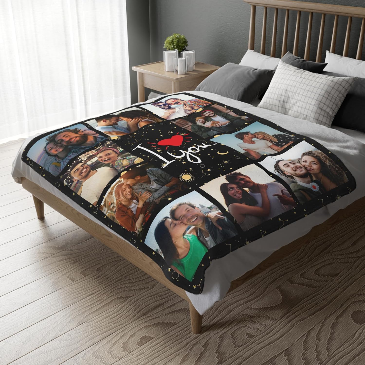Qillnyy Manta de fotos personalizada para parejas, regalos conmemorativos personalizados con texto en inglés “I Love You”, regalos personalizados
