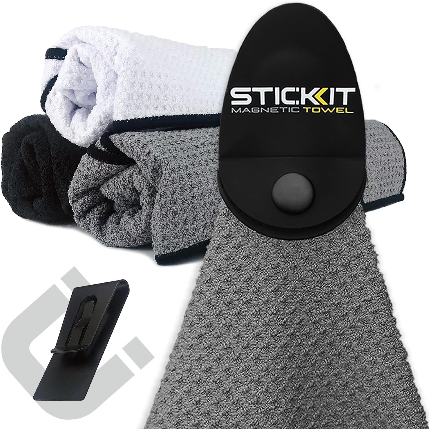 STICKIT Toalla deportiva magnética, color gris, toalla de microfibra de primer nivel con bolsillos profundos de gofre, imán potente para una
