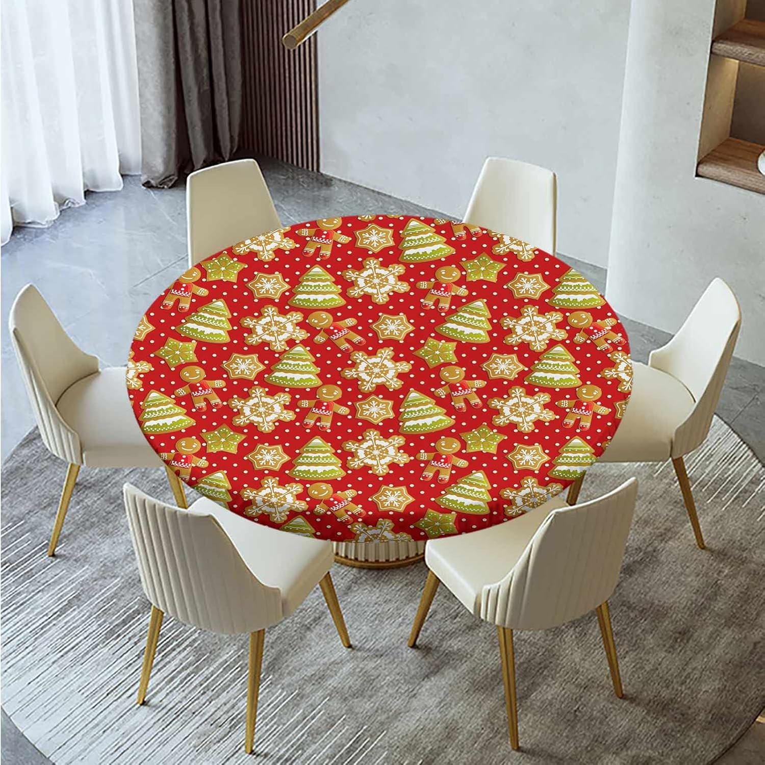 Mantel redondo ajustable de Navidad, mantel de poliéster con árbol de Navidad, mantel circular lavable para mesa de cena de Navidad, bufé, fiestas,