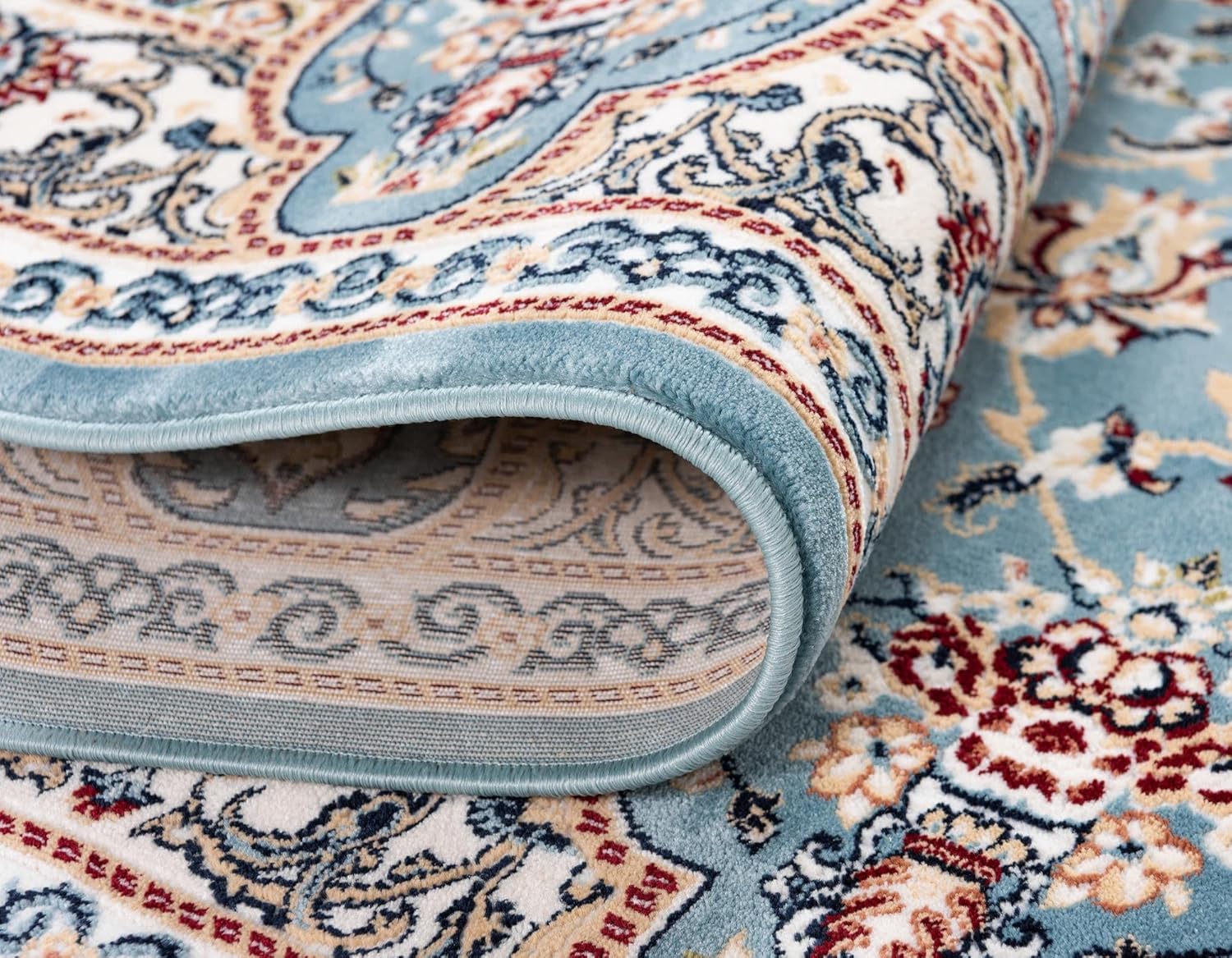 Rugs.com Rabia Collection – Alfombra baja azul de 5 x 8 pies, perfecta para dormitorios, comedores, salas de estar