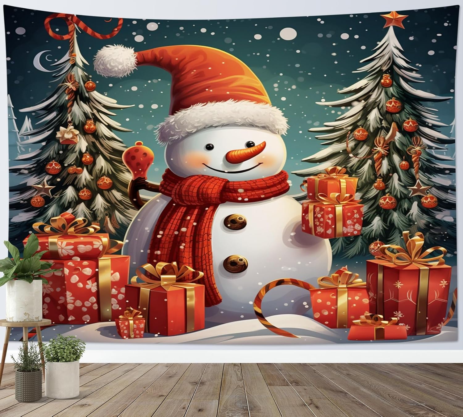 HVEST Tapiz navideño de muñeco de nieve para colgar en la pared, divertido muñeco de nieve con sombrero rojo de Navidad y tapiz de regalo, tapiz de