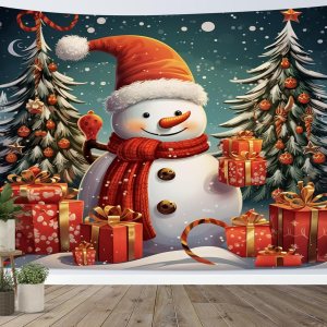 HVEST Tapiz navideño de muñeco de nieve para colgar en la pared, divertido muñeco de nieve con sombrero rojo de Navidad y tapiz de regalo, tapiz de HVEST Tapiz navideño de muñeco de nieve para colgar en la pared, divertido muñeco de nieve con sombrero rojo de Navidad y tapiz de regalo, tapiz de