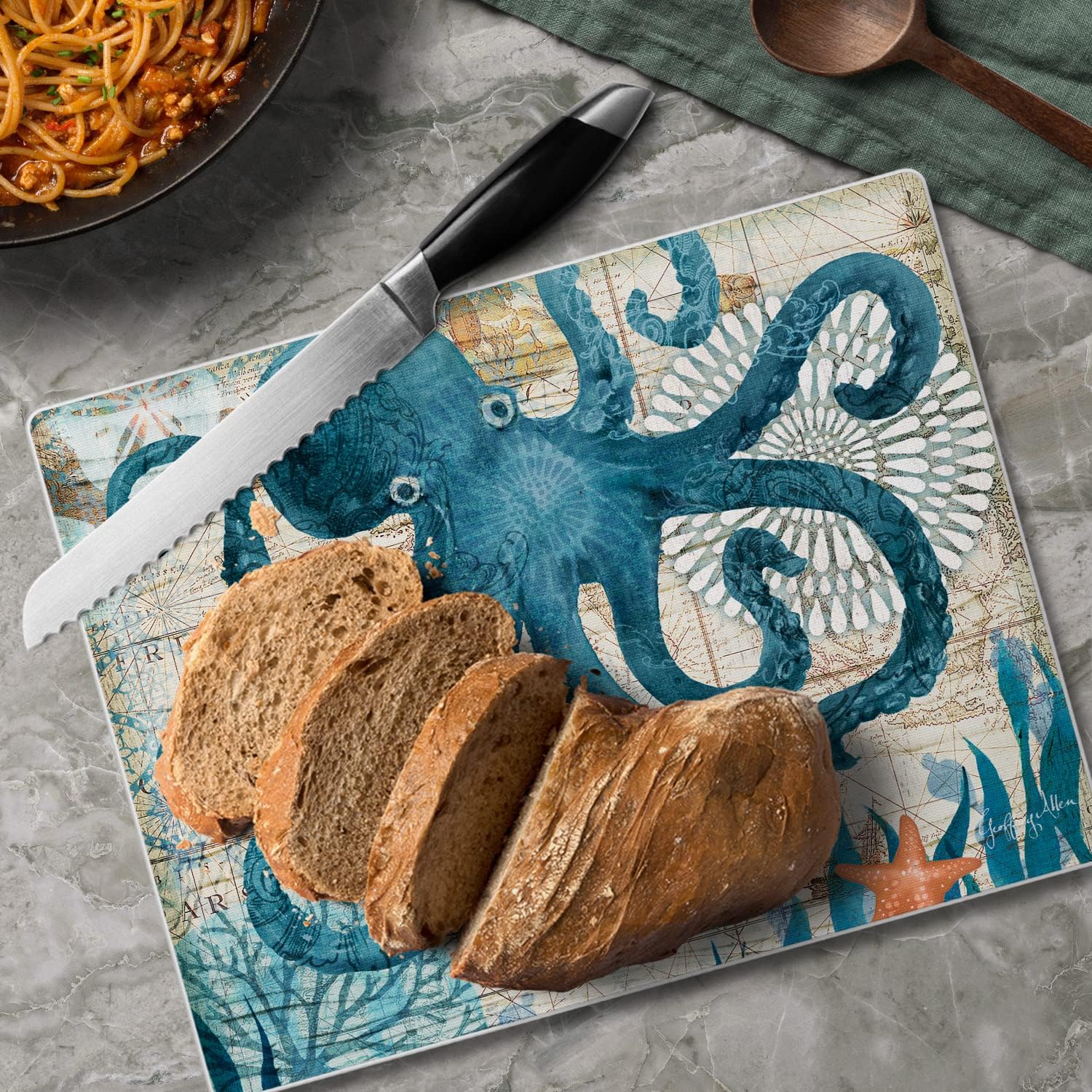 CounterArt Monterey Bay Octopus – Tabla de cortar de vidrio templado tolerante al calor de 10 x 8 pulgadas, fabricada en los Estados Unidos, apta