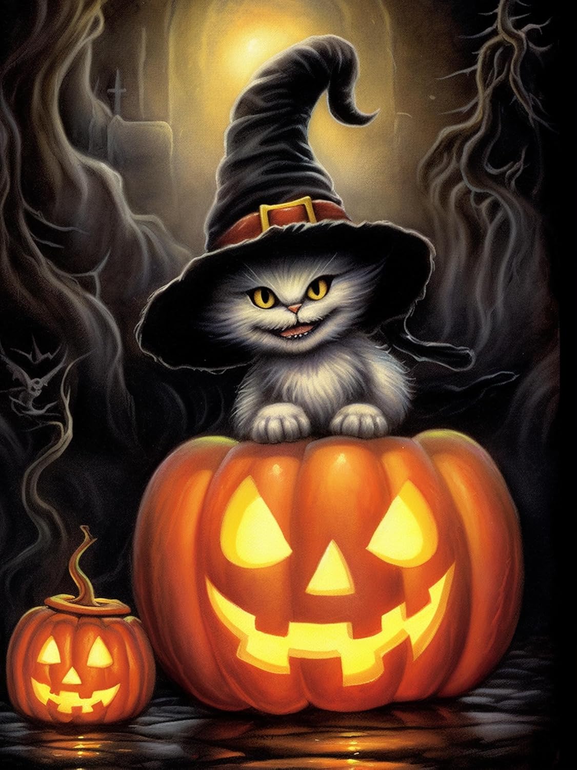 Reofrey Kits de pintura de diamantes para adultos, calabaza, gato, arte de diamantes de Halloween, taladro completo redondo con diamantes de