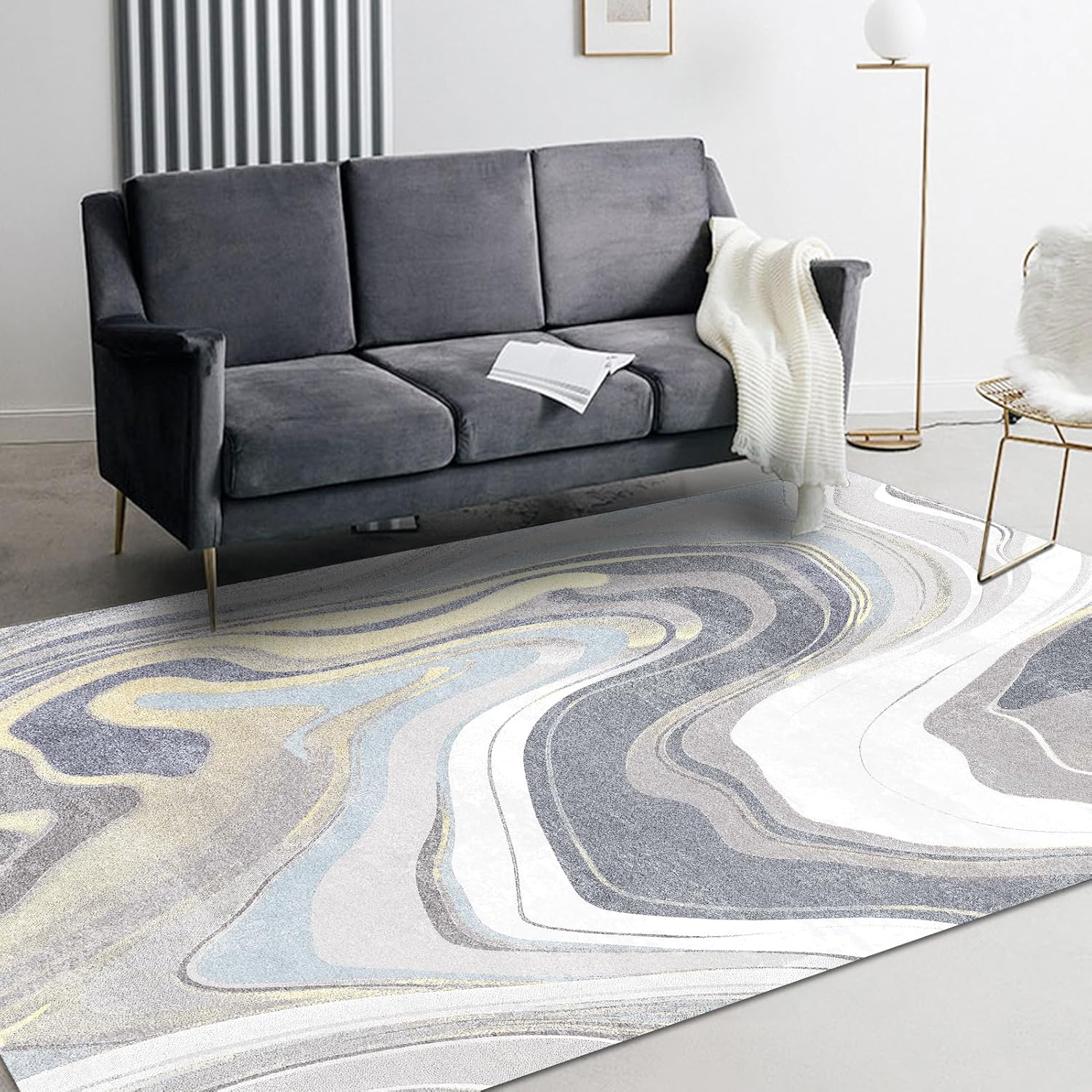 Alfombra ondulada de montaña de 4 x 6 pies, para sala de estar, dormitorio, cocina, pasillo, parte trasera antideslizante, alfombra suave y lavable,