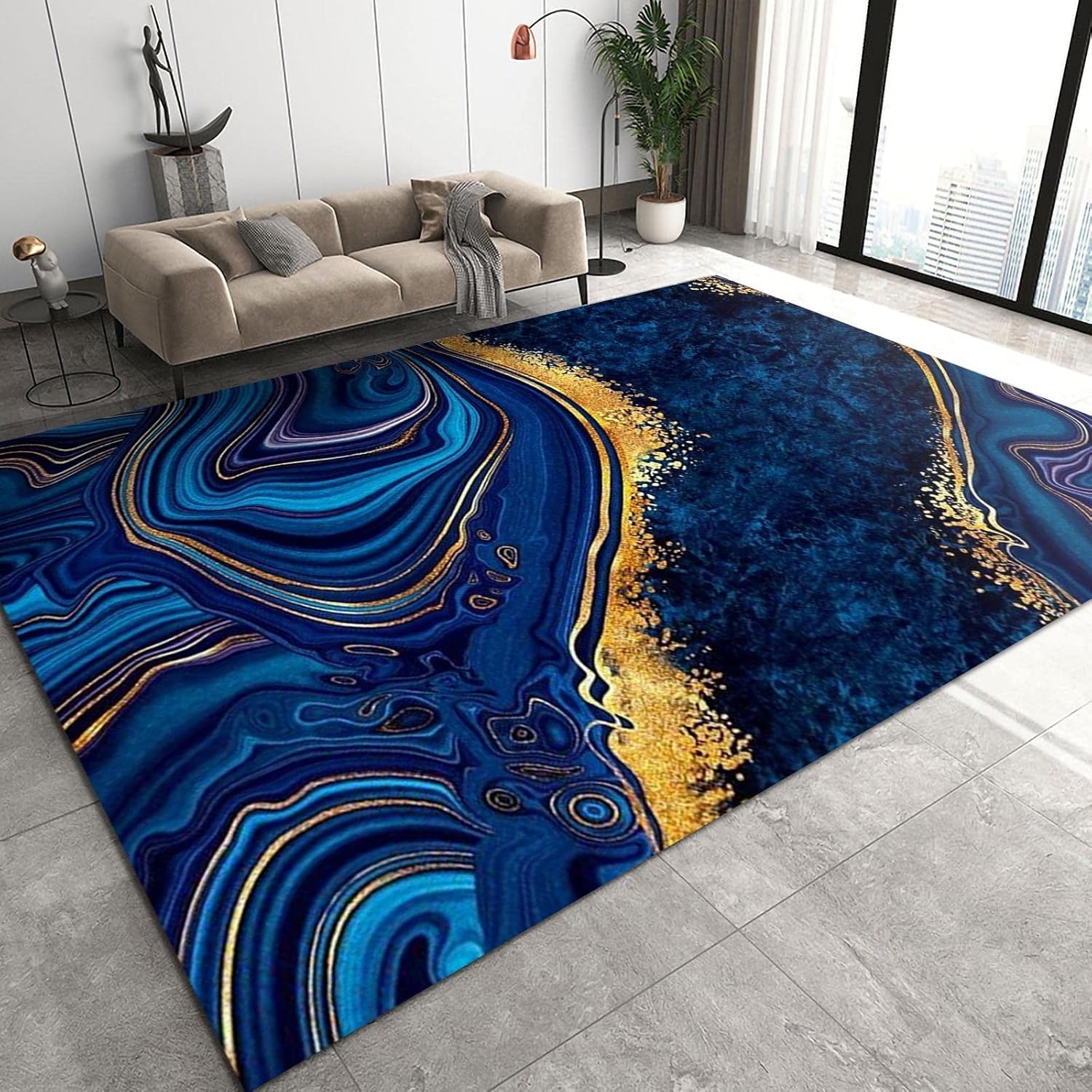 Alfombras clásicas de mármol azul real, de lujo, con tinta salpicada dorada para interiores, antideslizantes, lavables a máquina, transpirables,
