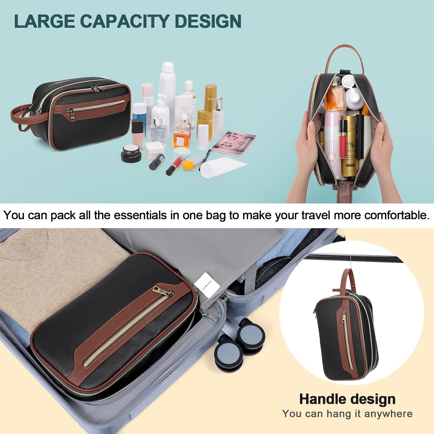 CLUCI Toiletry Bag Travel Bag with Hanging Hook Leather Makeup Cosmetic Bag Travel Organizer for Accessories Shampoo Container Toiletries