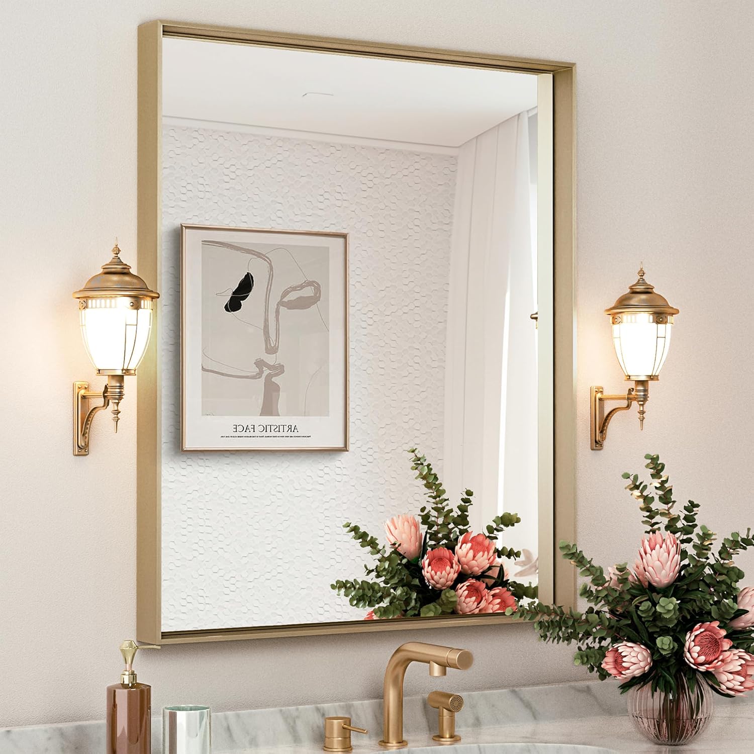 TETOTE Espejo con marco dorado para pared de baño, 30 x 36 pulgadas, rectangular, latón cepillado, marco de metal dorado, espejo de tocador moderno,
