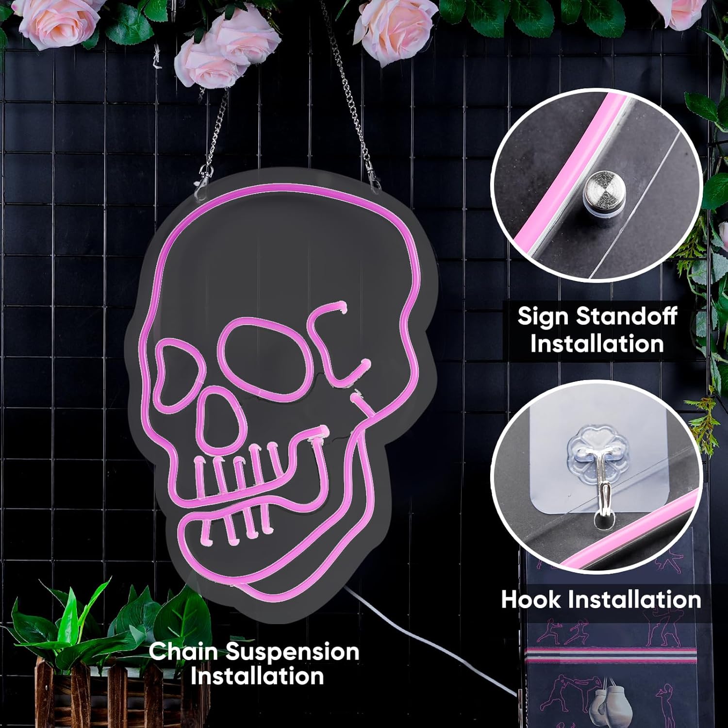 Arte de pared de calavera rosa, decoración de letrero de neón de Halloween, decoración de pared con alimentación USB y batería, letrero de luz de