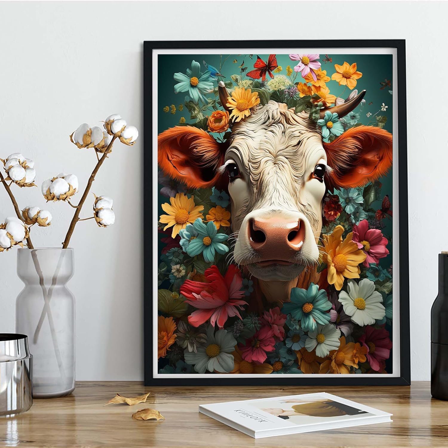 Kaliosy Kits de pintura de diamantes 5D para adultos, flores de vaca por números, pintura con diamantes, arte de animales, taladro completo,