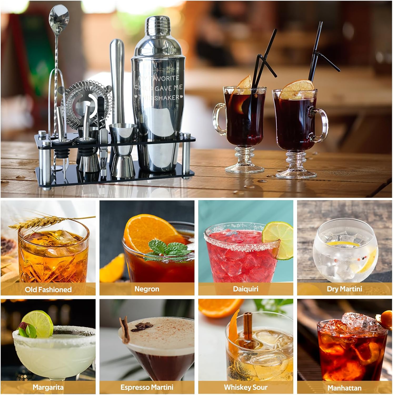 Regalos para hermana, kit de camarero, juego de coctelera de 12 piezas con soporte, grandes accesorios de bar para bebidas mixtas, hogar, bar,