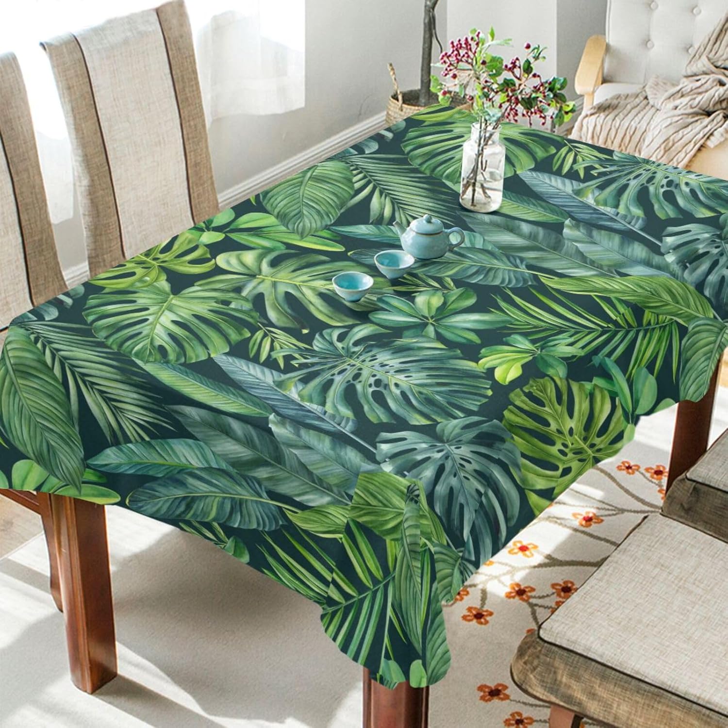 ZOEO Mantel rectangular con estampado de hojas de palmera tropical, color verde, moderno, mantel decorativo lavable para mesa de cocina, comedor,