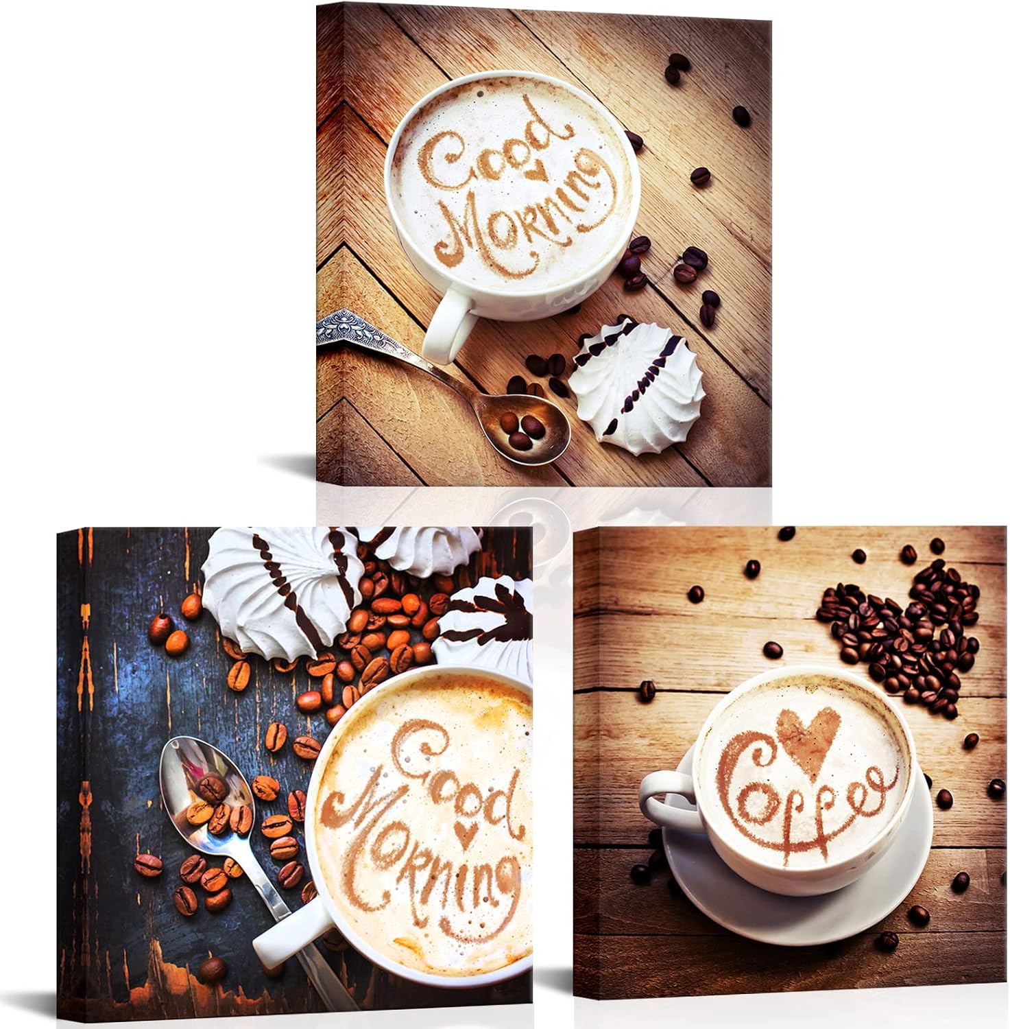 iLOOKLiKE 3 paneles de lienzo de cocina, arte de pared, granos de café, impresiones de imagen de taza de café en mesa de madera vintage, póster de
