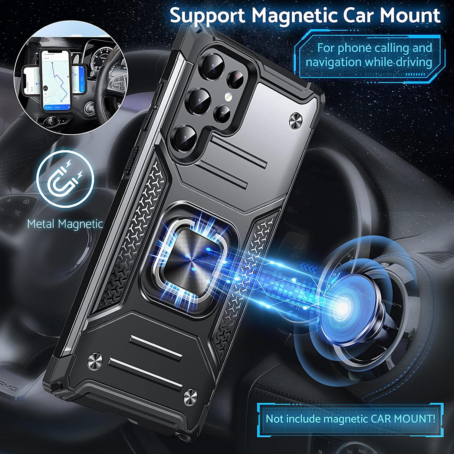 Anqrp Funda para Galaxy S22 Ultra, funda protectora de grado militar con anillo de metal giratorio soporte magnético compatible con Samsung Galaxy