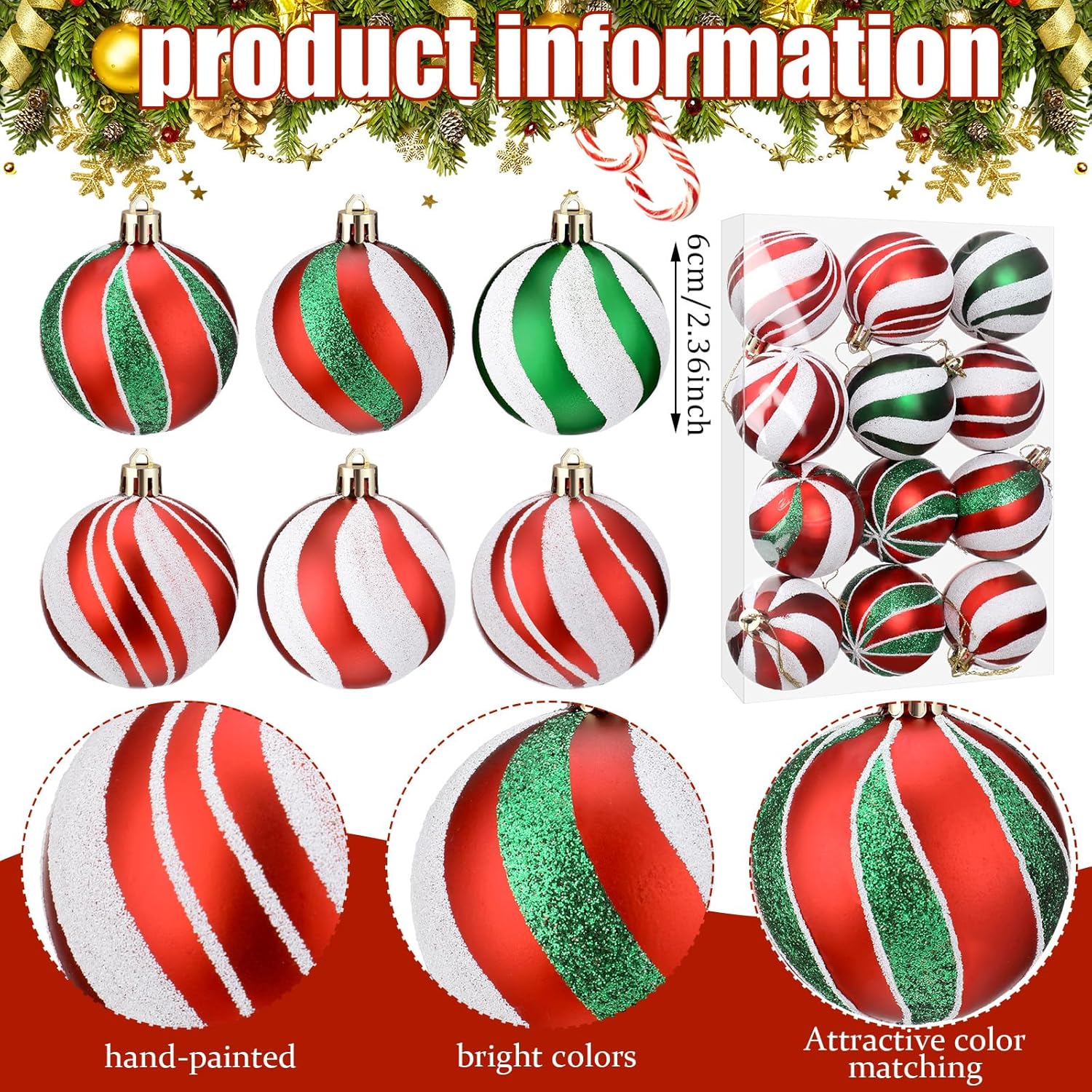 12 adornos de bola de Navidad de 2.4 pulgadas, decoraciones colgantes de plástico con purpurina, bolas de elfo, remolino, bastón de caramelo, menta,