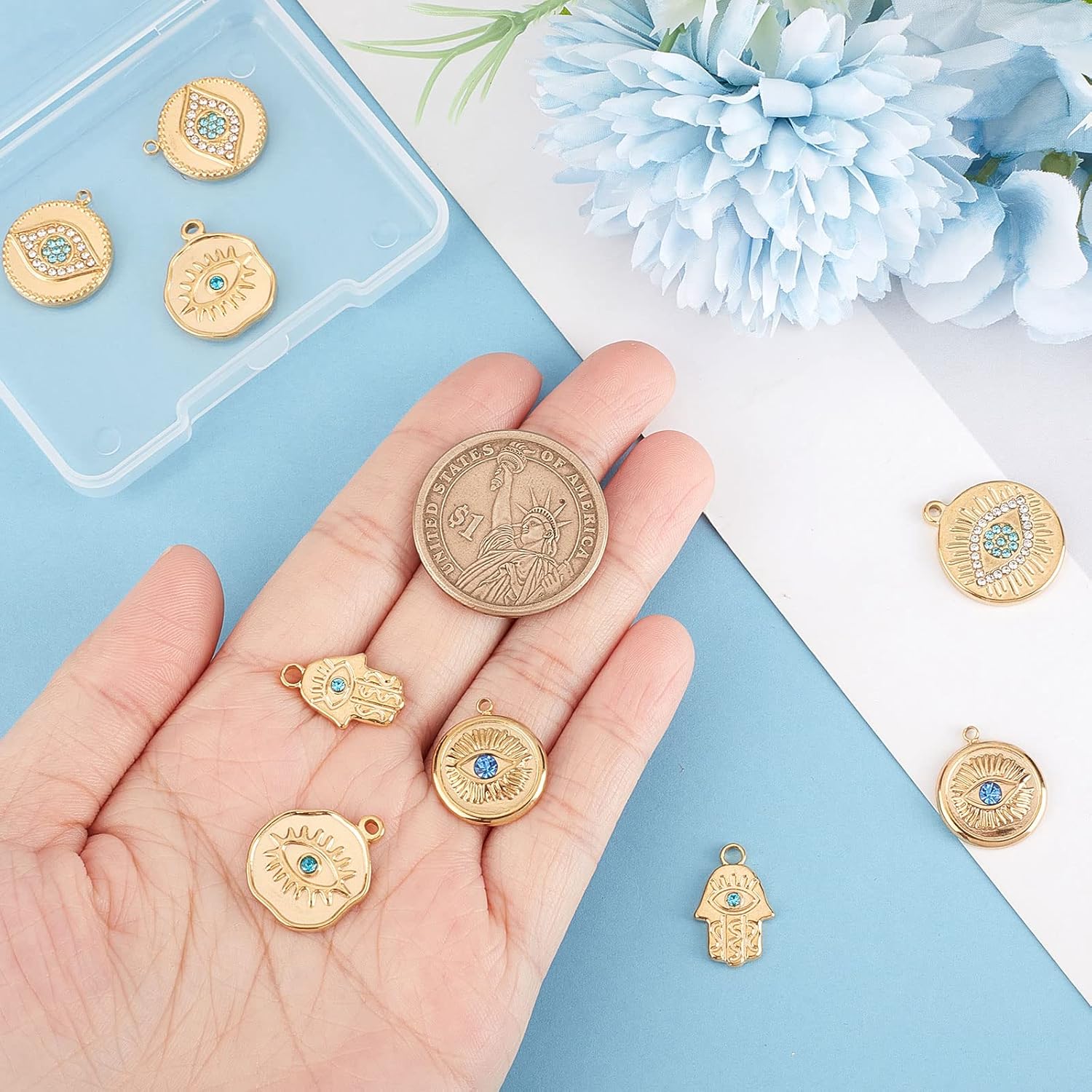 Beebeecraft 10 dijes de ojo malvado de 5 estilos, chapados en oro de 18 quilates, con diamantes de imitación redondos planos irregulares para