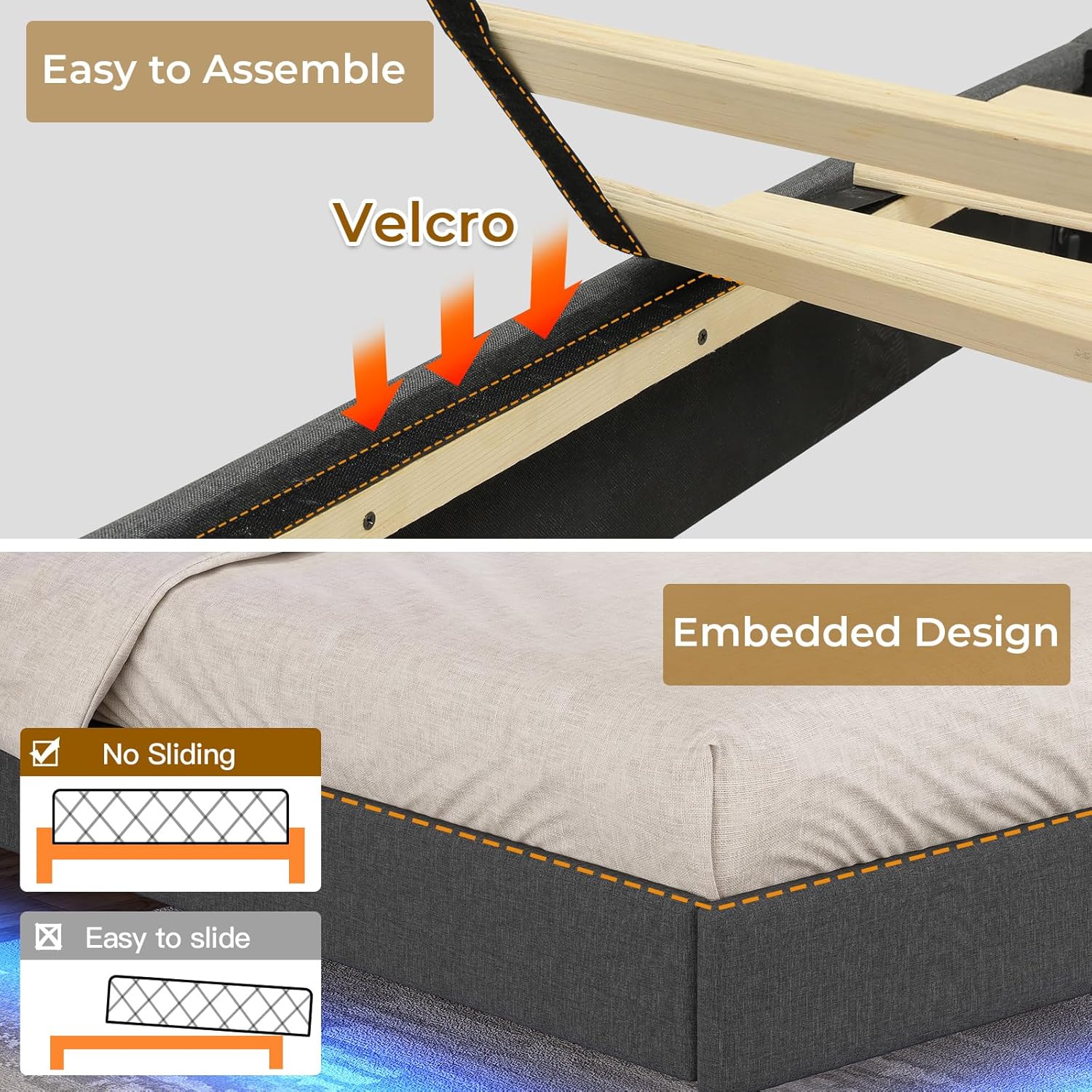 Base de cama flotante Queen con cabecera de almacenamiento y luces LED, base de cama tapizada tamaño Queen con estación de carga tipo C y USB,