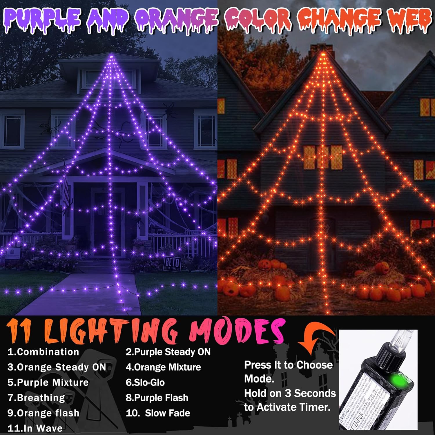 Dorizeg Telarañas para decoración de Halloween al aire libre, 455 luces LED con telaraña elástica grande de 59 pulgadas y 3.53 oz (100 g), 11 modos