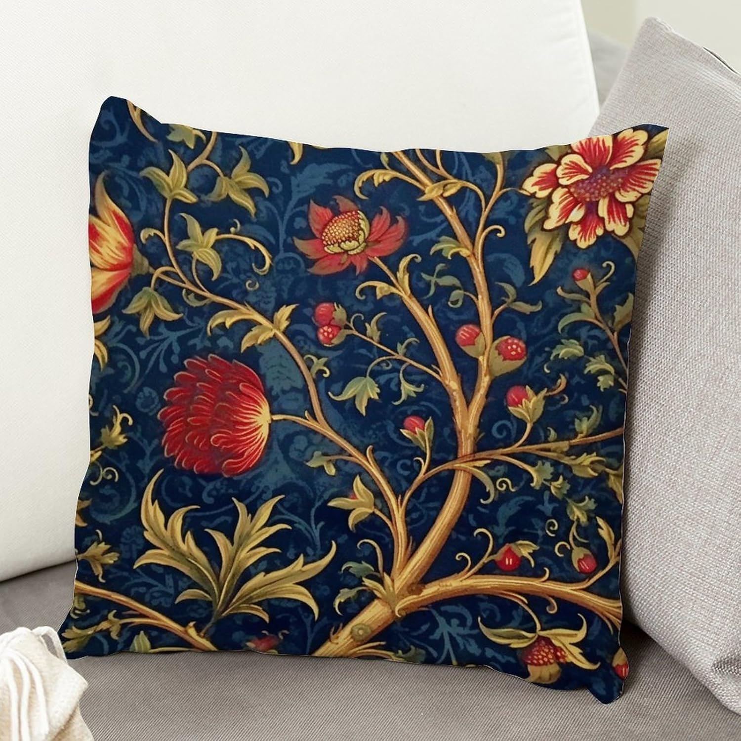ArogGeld Cojín botánico de lino blanco con flores de olivo burdeos, color azul marino y rojo, floral, blanco, funda de cojín para sofá, chinoiserie